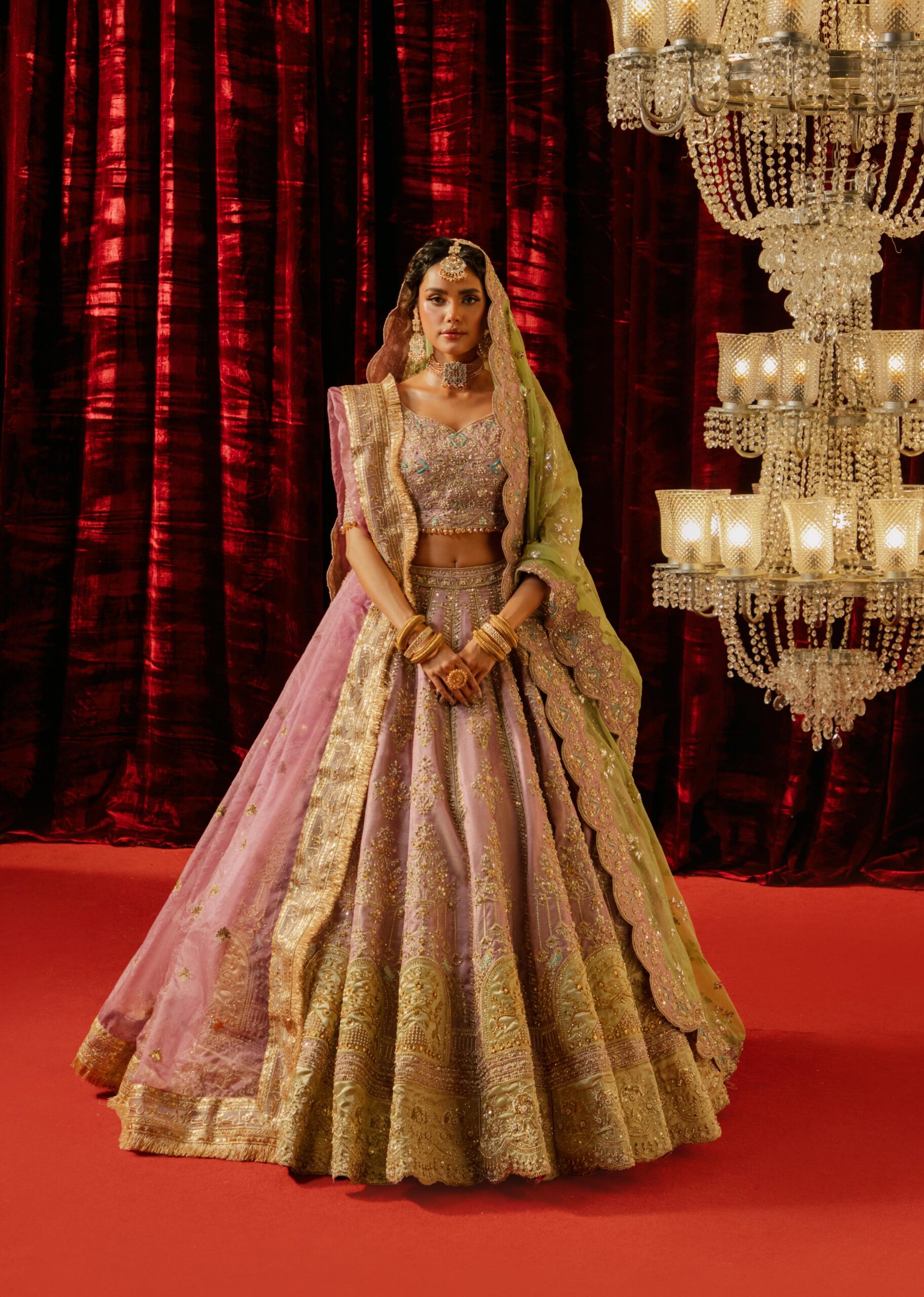 Pakistani Lavender Embroidered Lama Tissue Bridal Lehenga (3-Piece) - Image 1