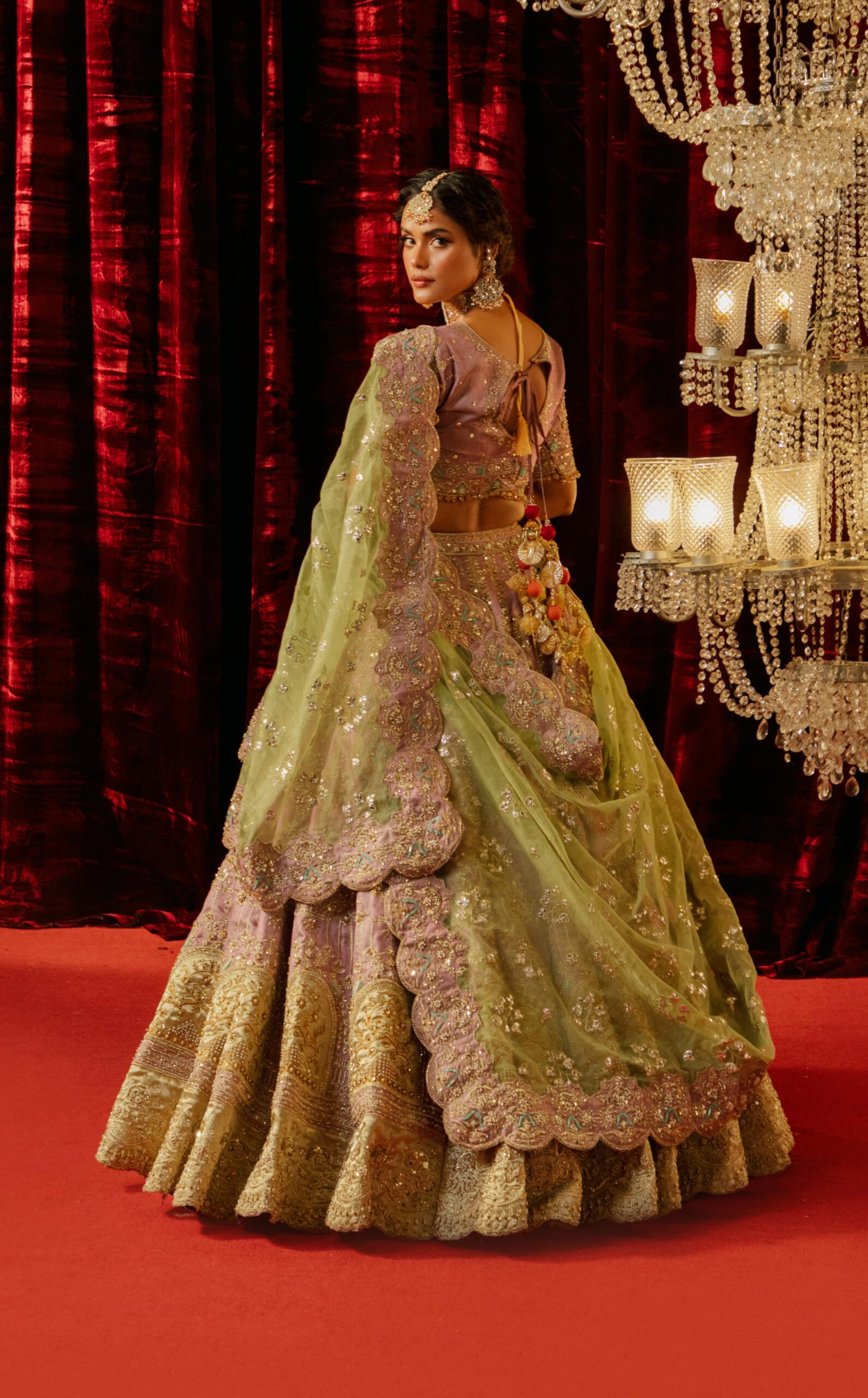 Pakistani Lavender Embroidered Lama Tissue Bridal Lehenga (3-Piece) - Image 2