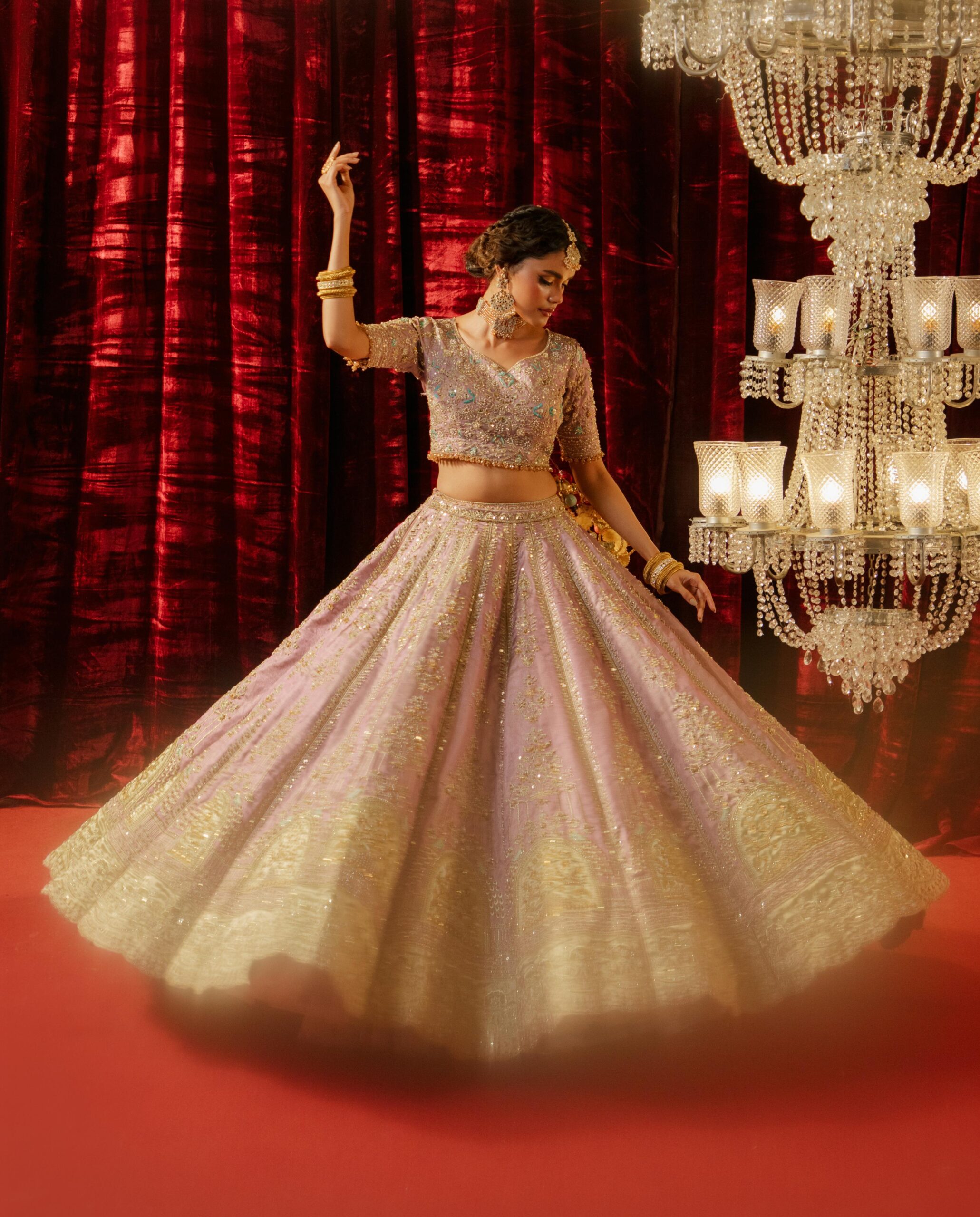 Pakistani Lavender Embroidered Lama Tissue Bridal Lehenga (3-Piece) - Image 3