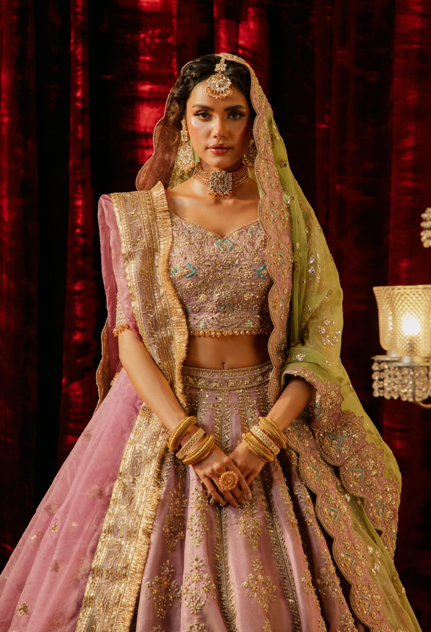 Pakistani Lavender Embroidered Lama Tissue Bridal Lehenga (3-Piece) - Image 5