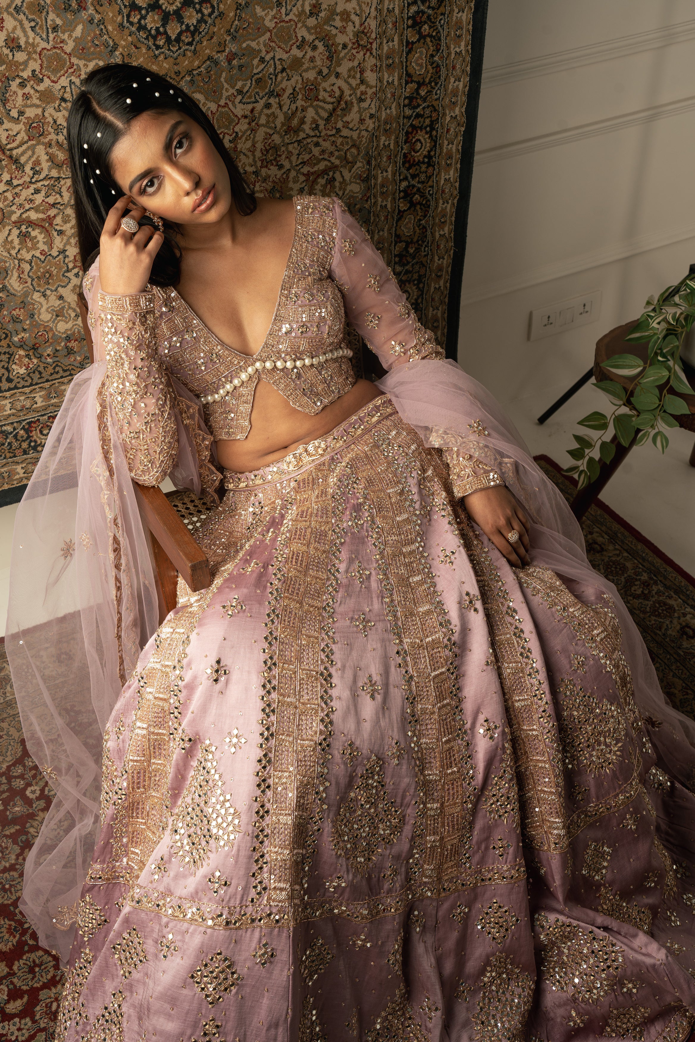 Indian Lilac Hand-Embroidered Linen Satin Bridal Lehenga (3-Piece) - Image 1