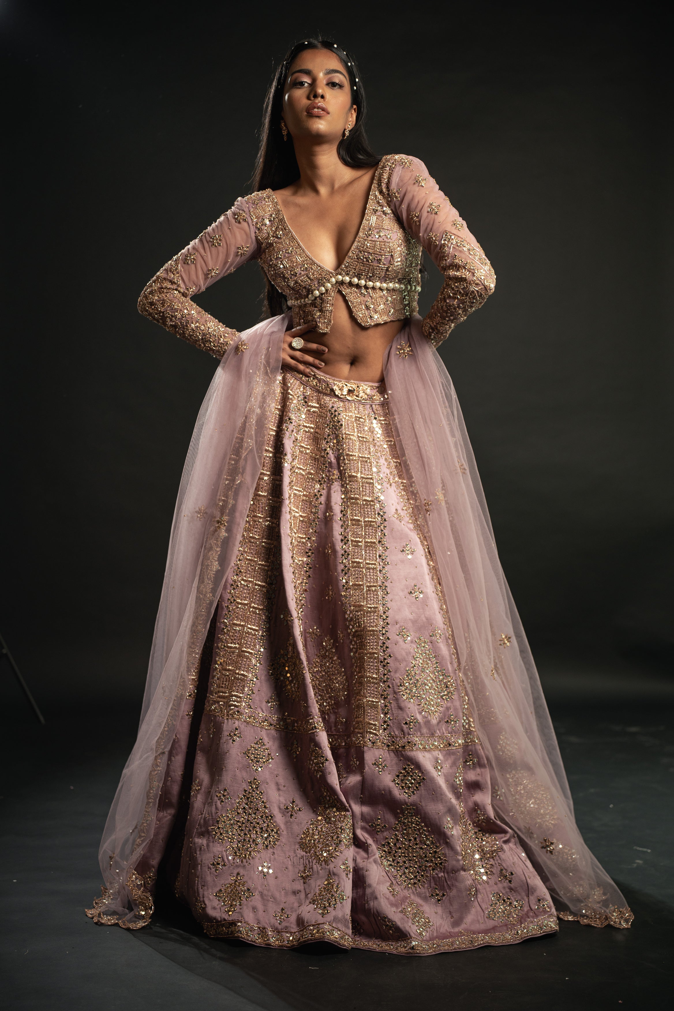 Indian Lilac Hand-Embroidered Linen Satin Bridal Lehenga (3-Piece) - Image 2