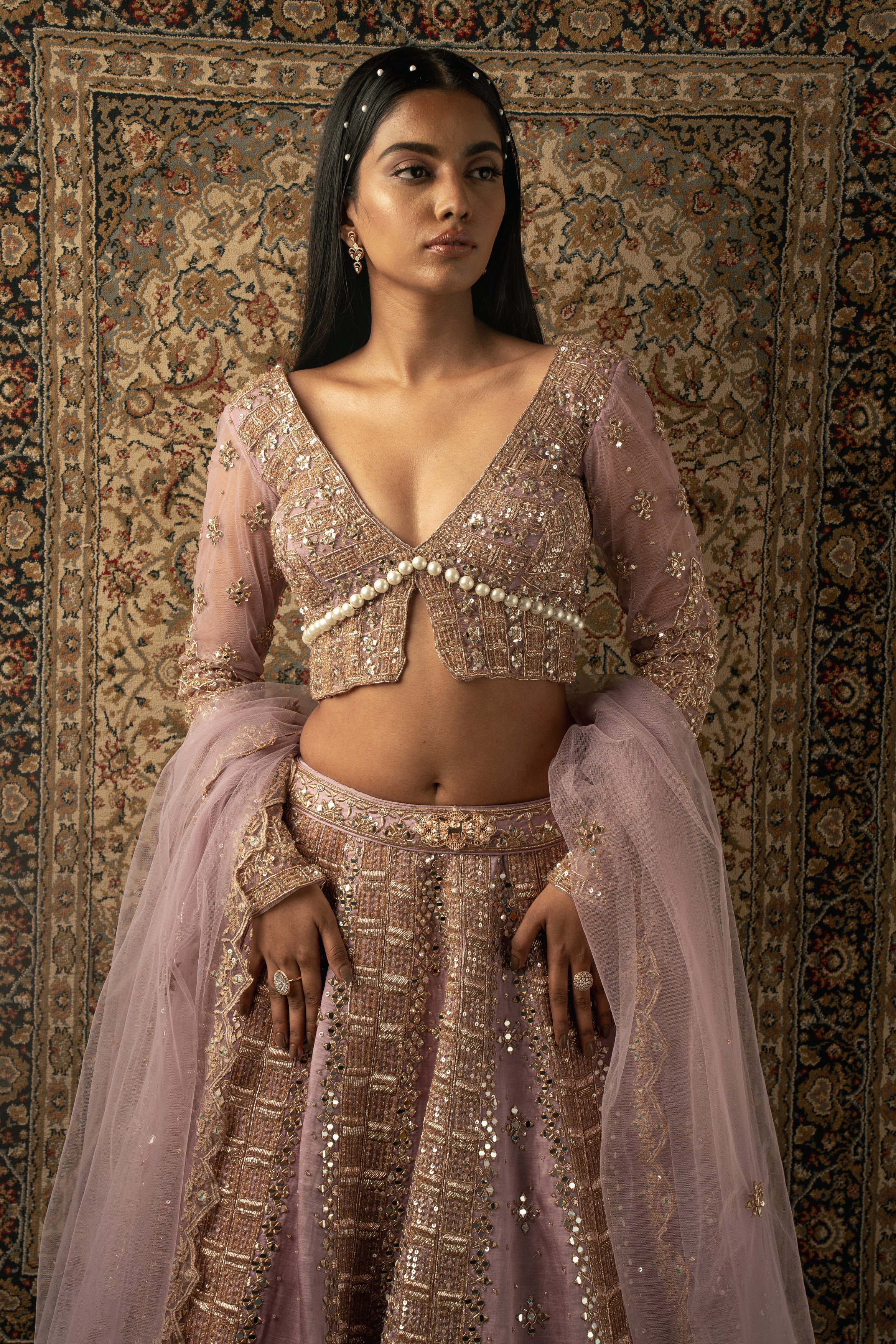 Indian Lilac Hand-Embroidered Linen Satin Bridal Lehenga (3-Piece) - Image 3
