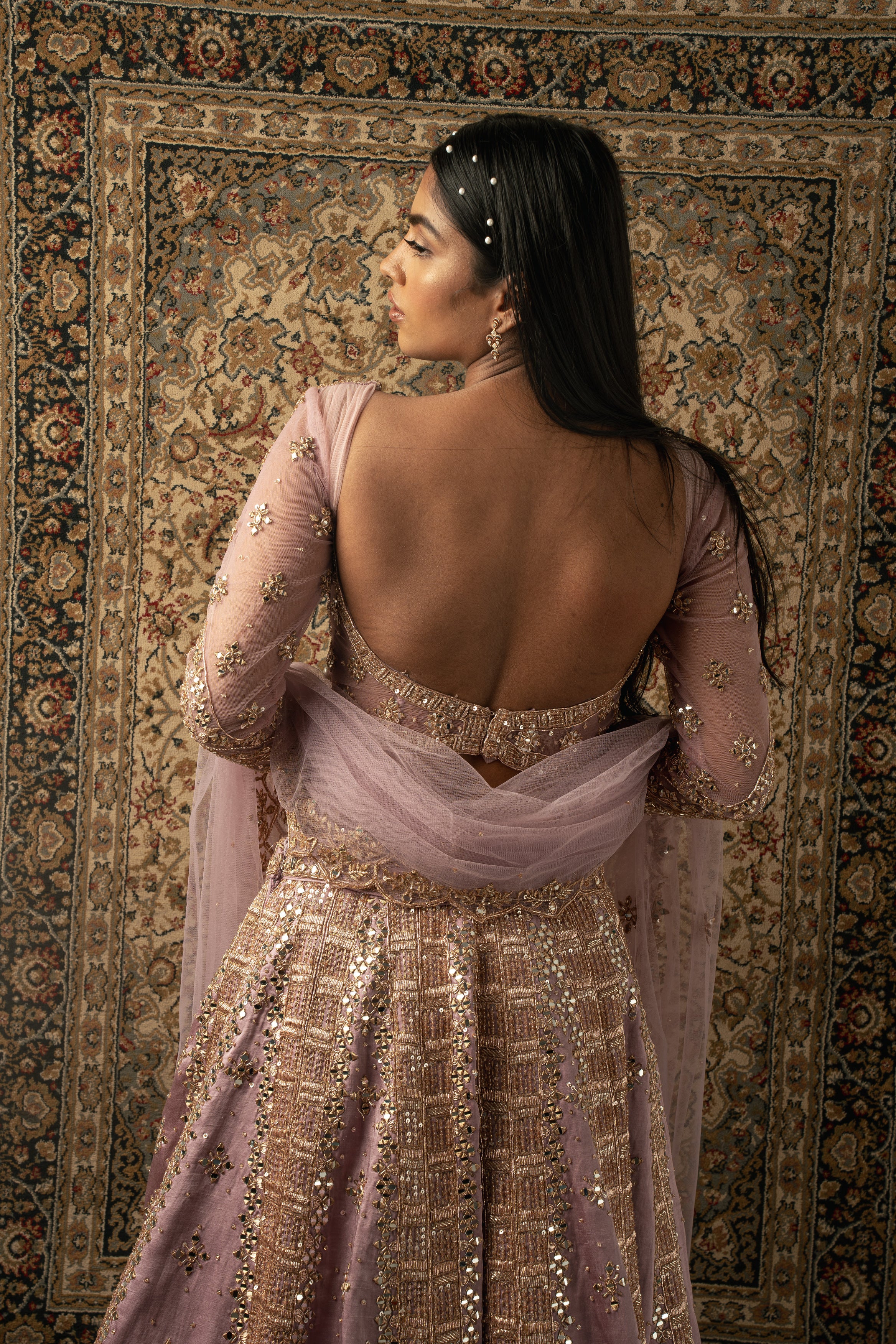 Indian Lilac Hand-Embroidered Linen Satin Bridal Lehenga (3-Piece) - Image 4