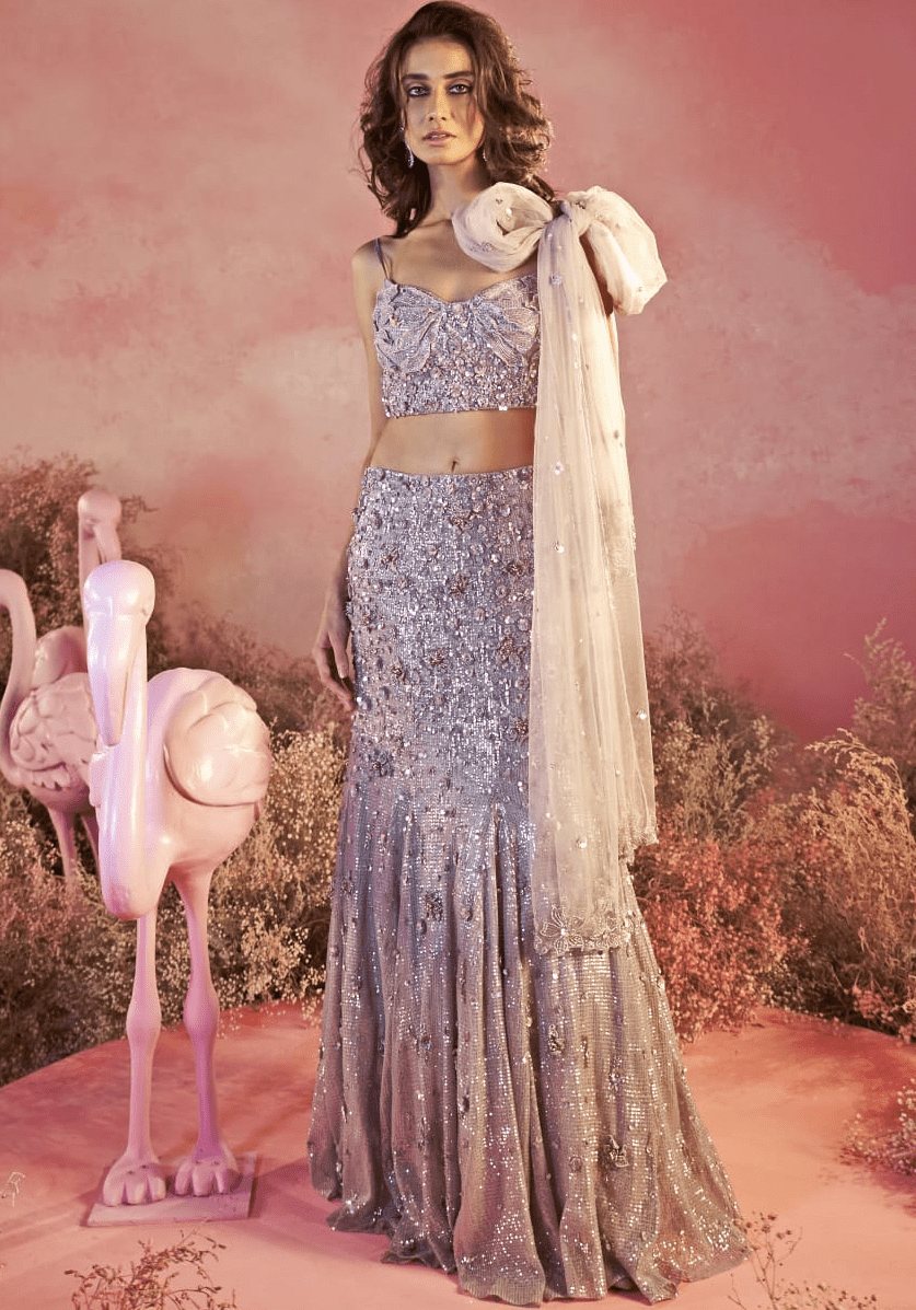 Pakistani Lavender Sequin Mesh Mermaid Lehenga (3-Piece) - Image 1