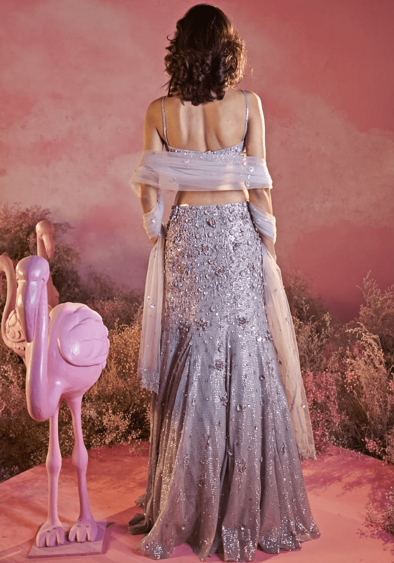 Pakistani Lavender Sequin Mesh Mermaid Lehenga (3-Piece) - Image 4