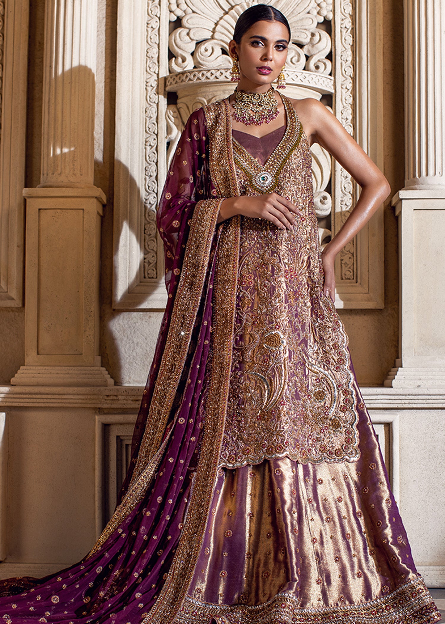 Pakistani Deep Plum Gold Embellished Silk Lehenga (3-Piece) - Image 1