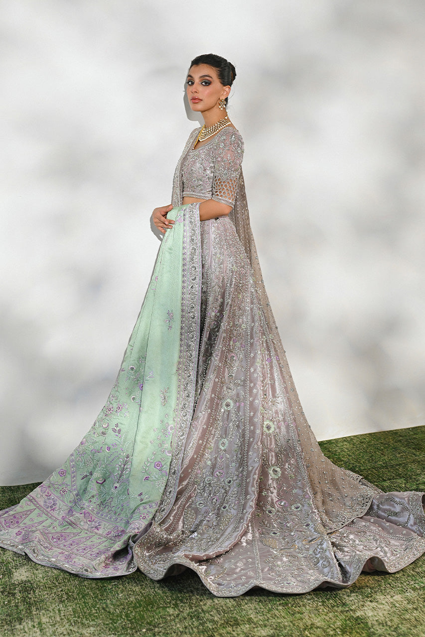 Pakistani Lilac Zardozi Resham Metallic Tissue Lehnga Choli (3-Piece) - Image 3