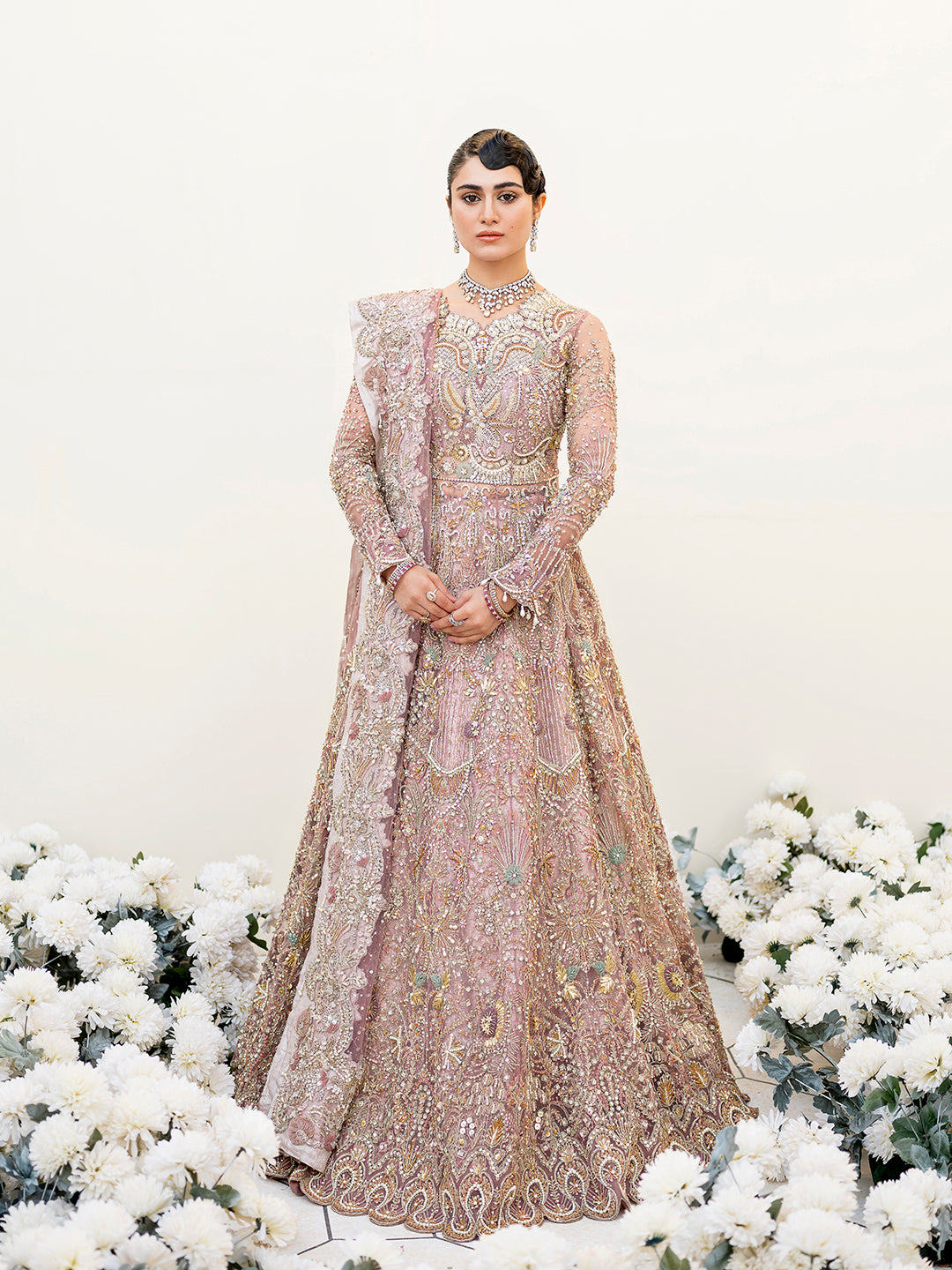 Pakistani Lilac Embellished Net Bridal Lehenga Gown (3-Piece) - Image 1