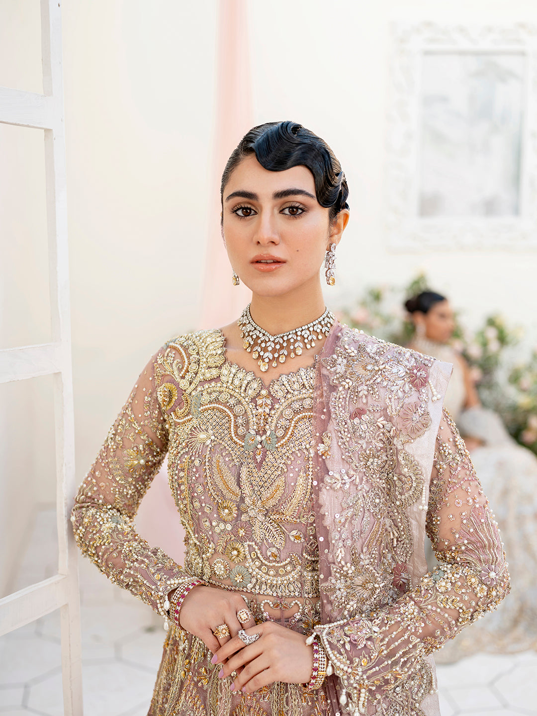 Pakistani Lilac Embellished Net Bridal Lehenga Gown (3-Piece) - Image 2