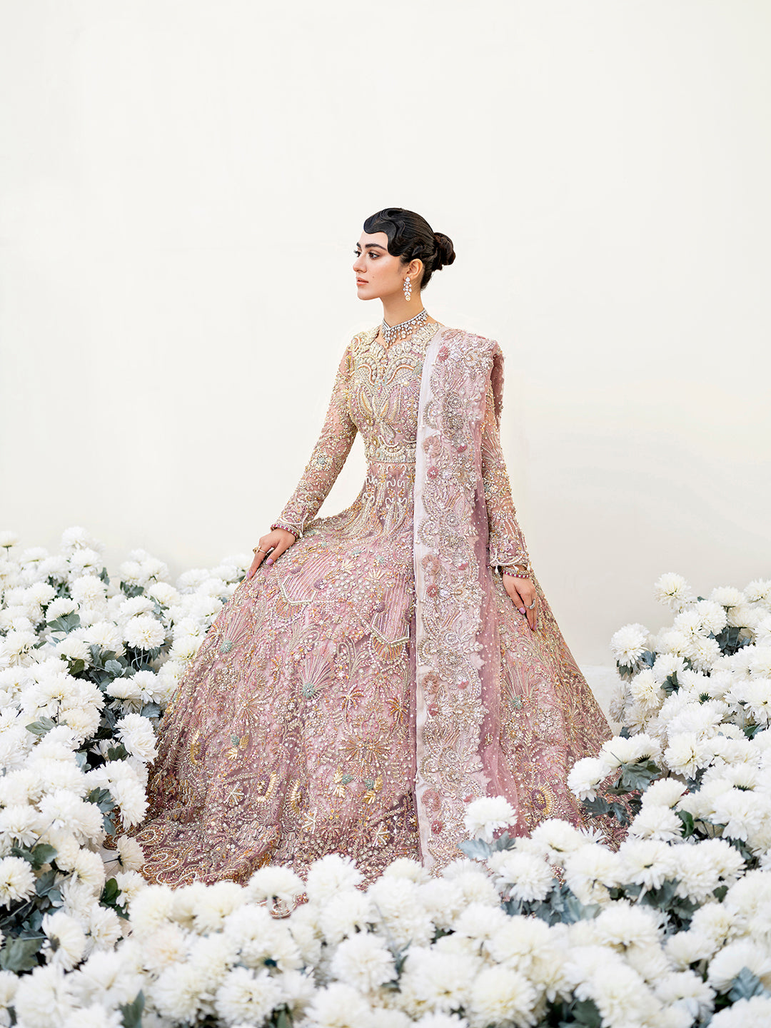 Pakistani Lilac Embellished Net Bridal Lehenga Gown (3-Piece) - Image 3