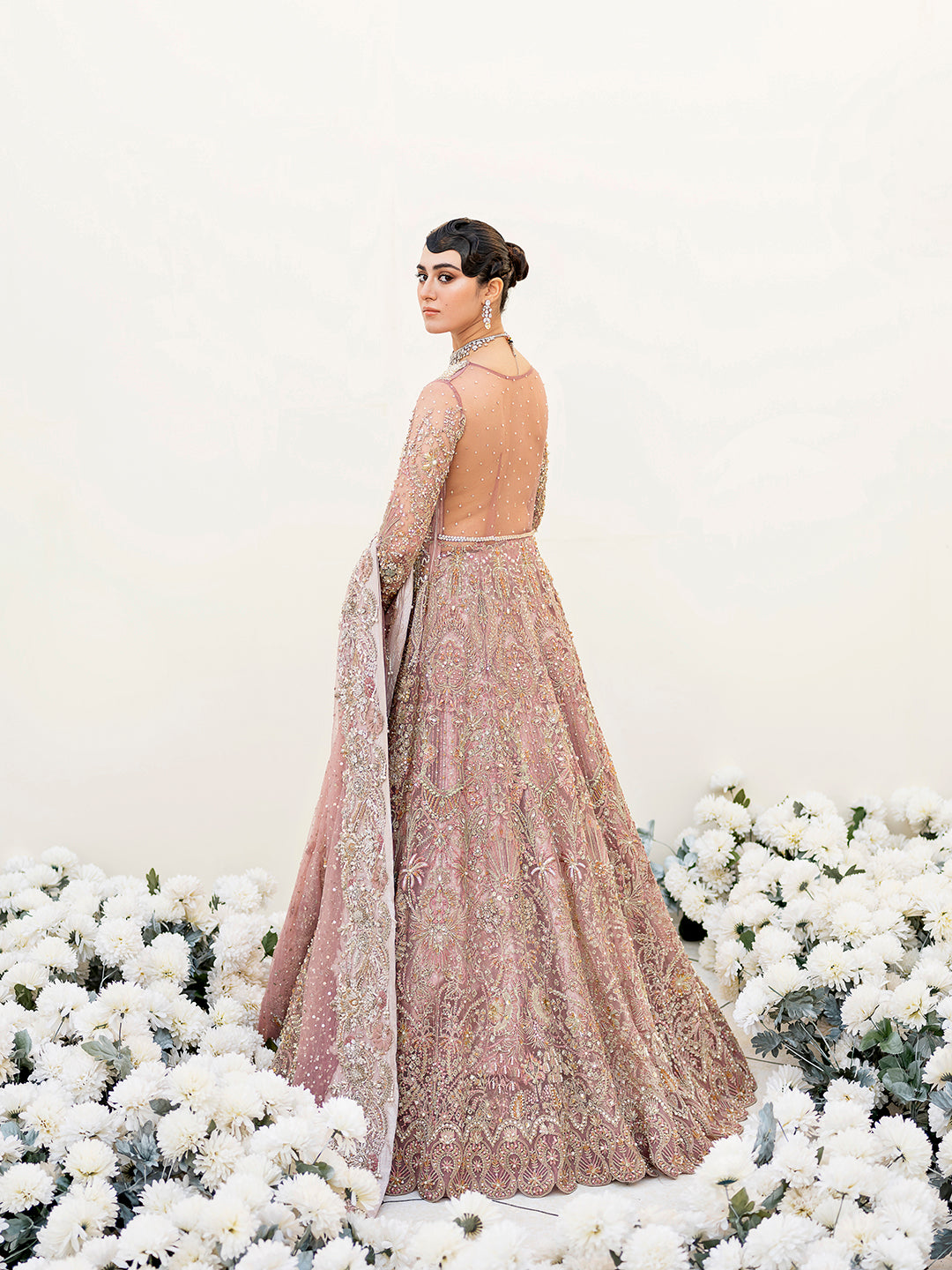 Pakistani Lilac Embellished Net Bridal Lehenga Gown (3-Piece) - Image 4