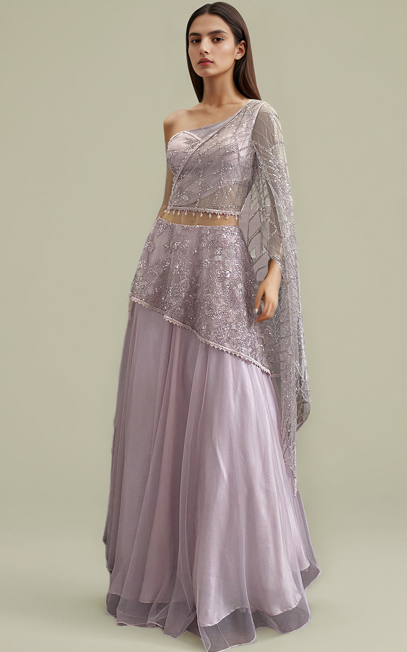 Pakistani Lilac Embroidered Net Lehenga Dress (2-Piece) - Image 1