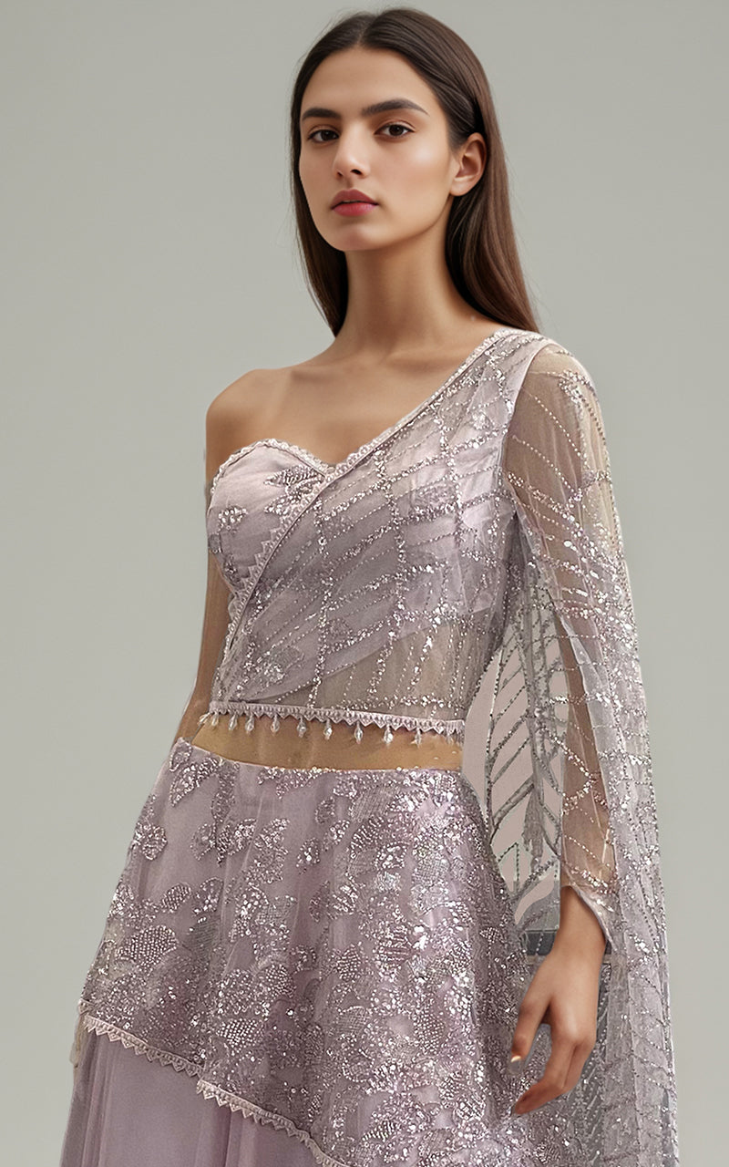 Pakistani Lilac Embroidered Net Lehenga Dress (2-Piece) - Image 2