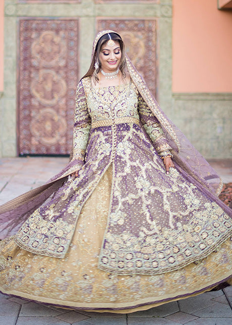 Lavender Gold Embellished Net Bridal Lehenga (3-Piece) - Image 1