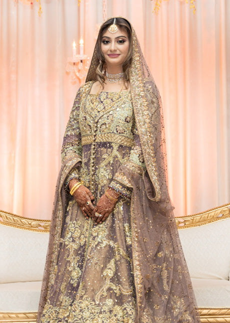 Lavender Gold Embellished Net Bridal Lehenga (3-Piece) - Image 11