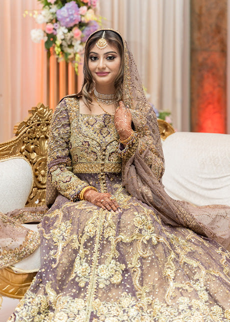 Lavender Gold Embellished Net Bridal Lehenga (3-Piece) - Image 12