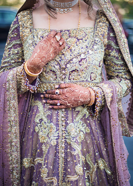 Lavender Gold Embellished Net Bridal Lehenga (3-Piece) - Image 13