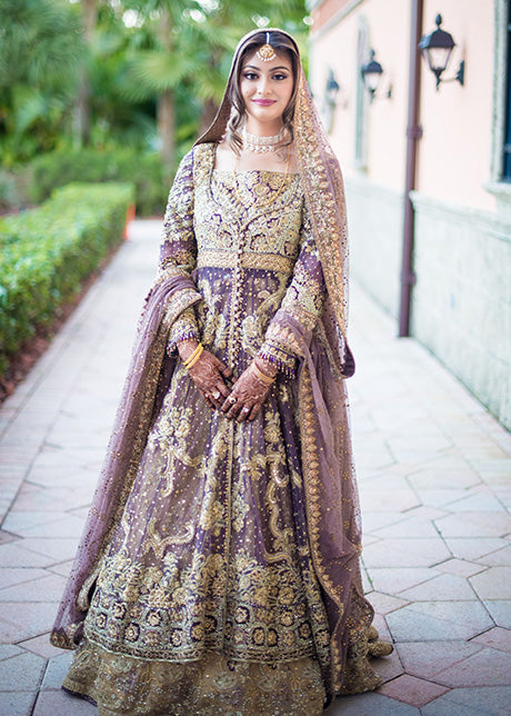 Lavender Gold Embellished Net Bridal Lehenga (3-Piece) - Image 5