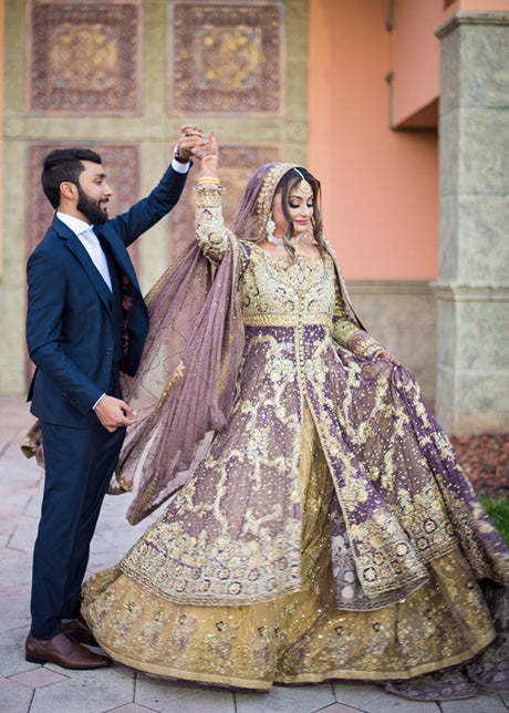 Lavender Gold Embellished Net Bridal Lehenga (3-Piece) - Image 6