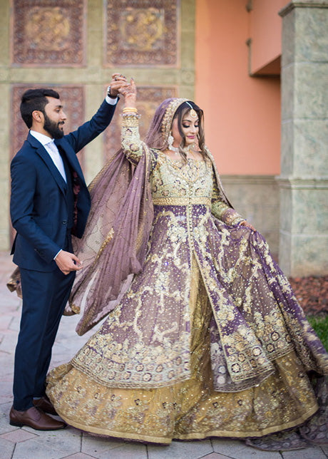 Lavender Gold Embellished Net Bridal Lehenga (3-Piece) - Image 7