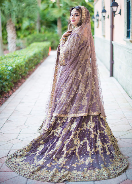Lavender Gold Embellished Net Bridal Lehenga (3-Piece) - Image 8