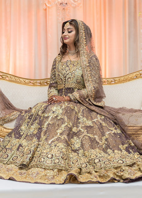 Lavender Gold Embellished Net Bridal Lehenga (3-Piece) - Image 9