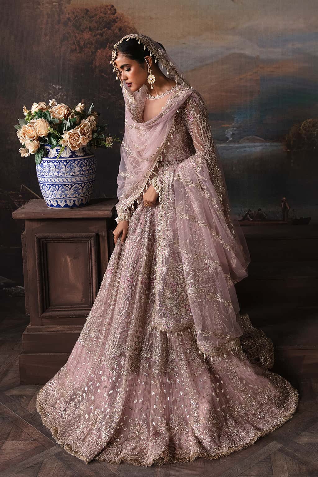 Lilac Hand-Embellished Net Bridal Lehenga (3-Piece) - Image 4