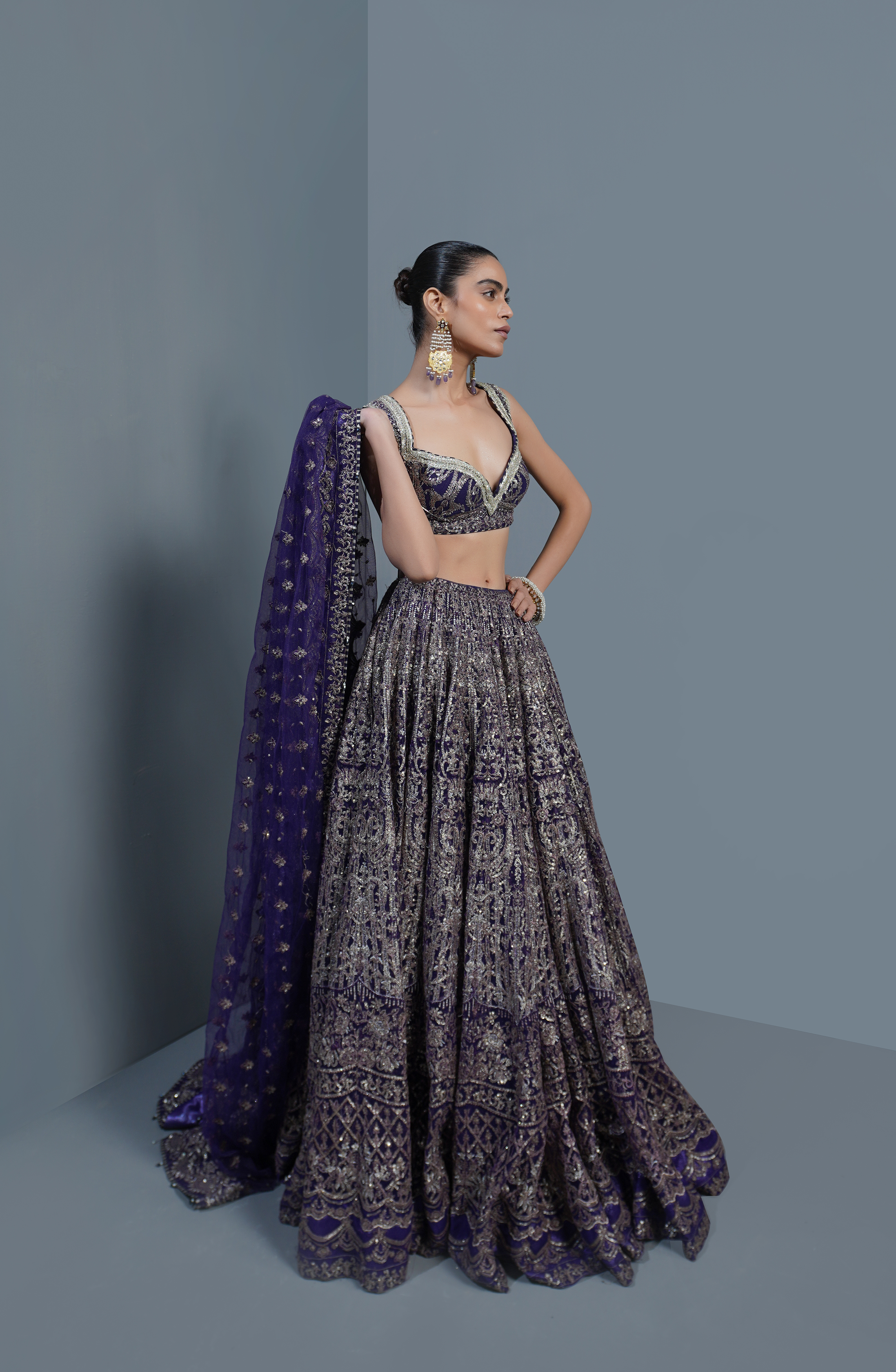 Royal Purple Embroidered Net Lehenga Choli (3-Piece) - Image 1