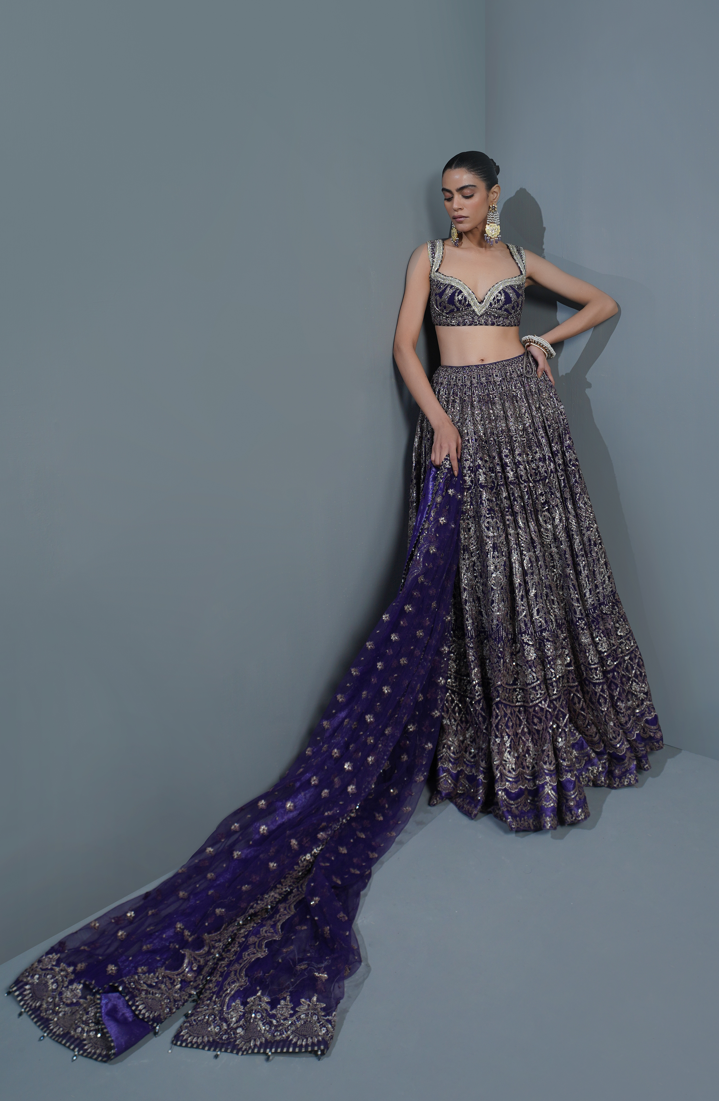 Royal Purple Embroidered Net Lehenga Choli (3-Piece) - Image 2