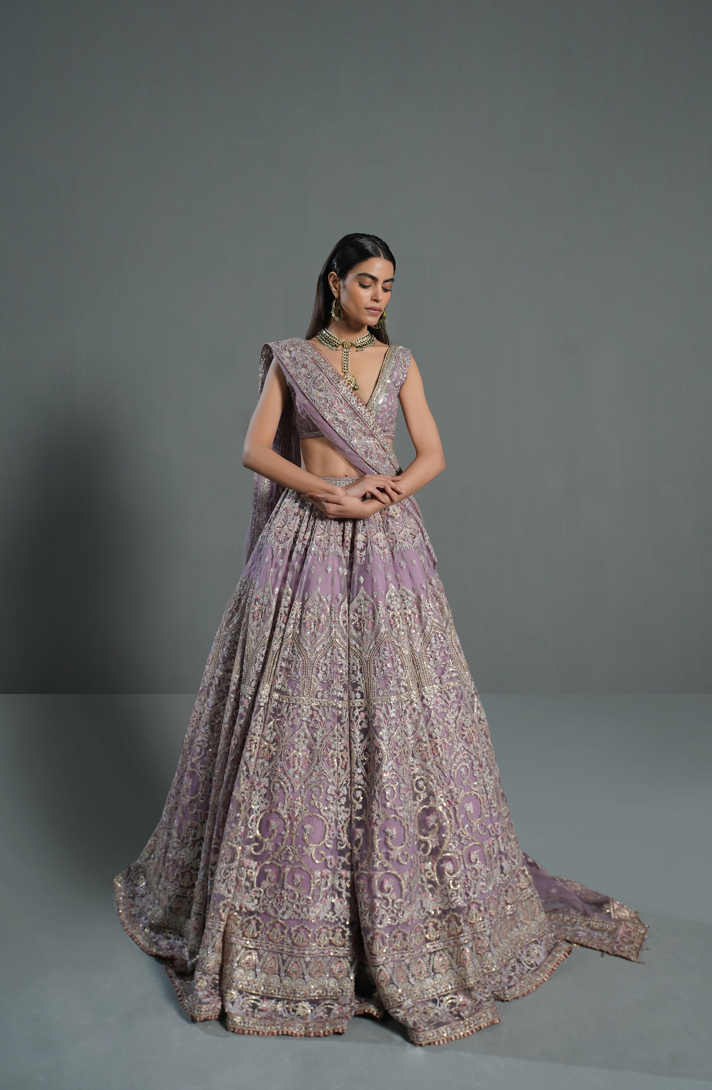 Pakistani Lilac Embroidered Net Lehenga Choli (3-Piece) - Image 1