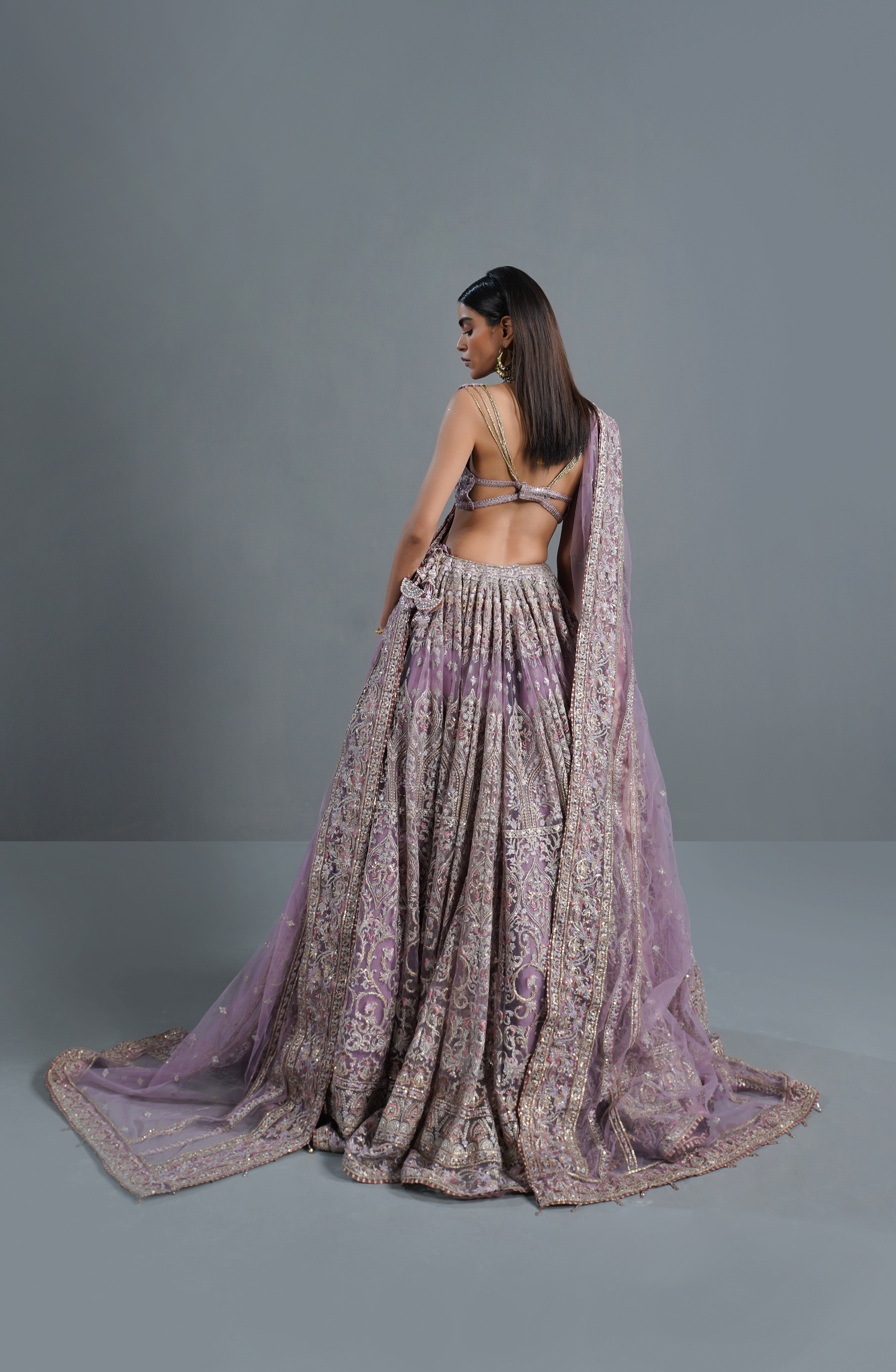 Pakistani Lilac Embroidered Net Lehenga Choli (3-Piece) - Image 2