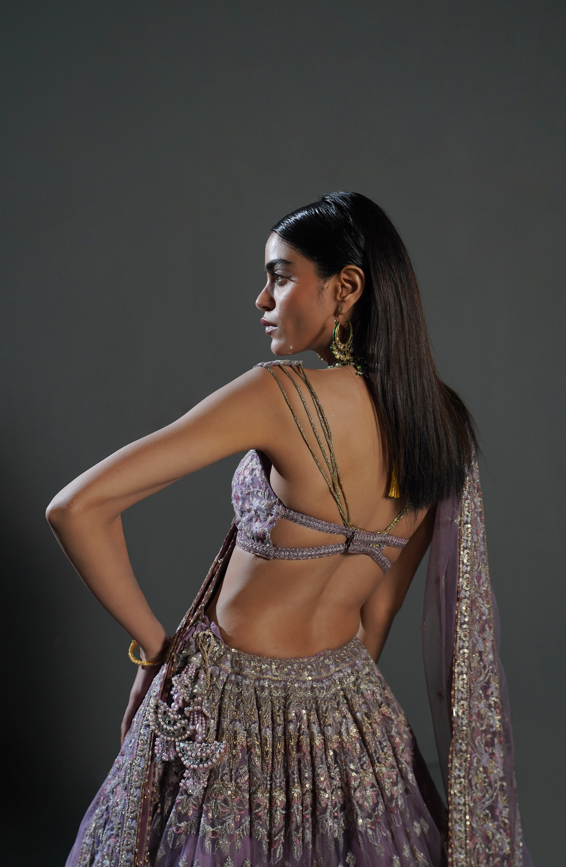 Pakistani Lilac Embroidered Net Lehenga Choli (3-Piece) - Image 4