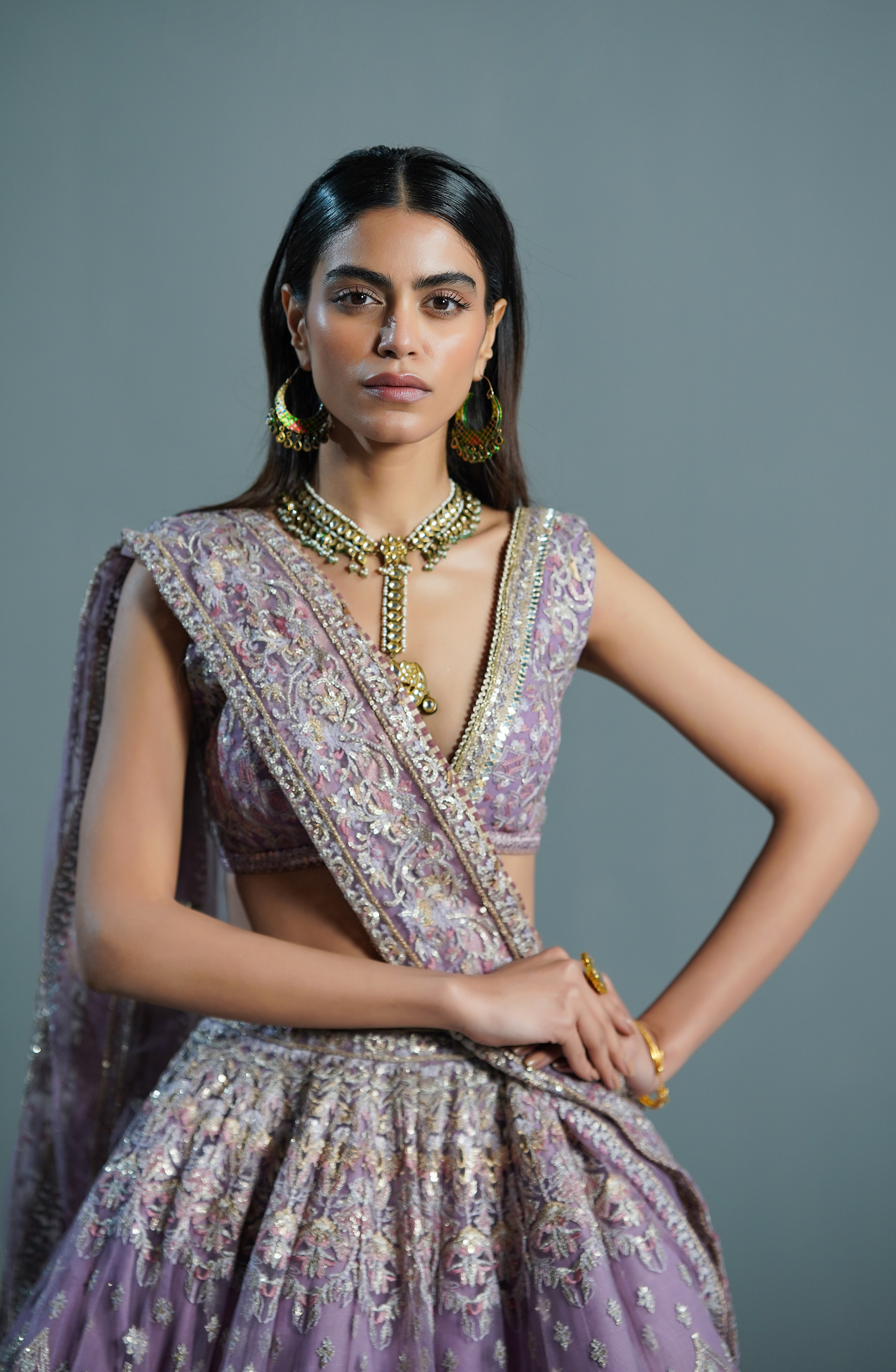Pakistani Lilac Embroidered Net Lehenga Choli (3-Piece) - Image 6