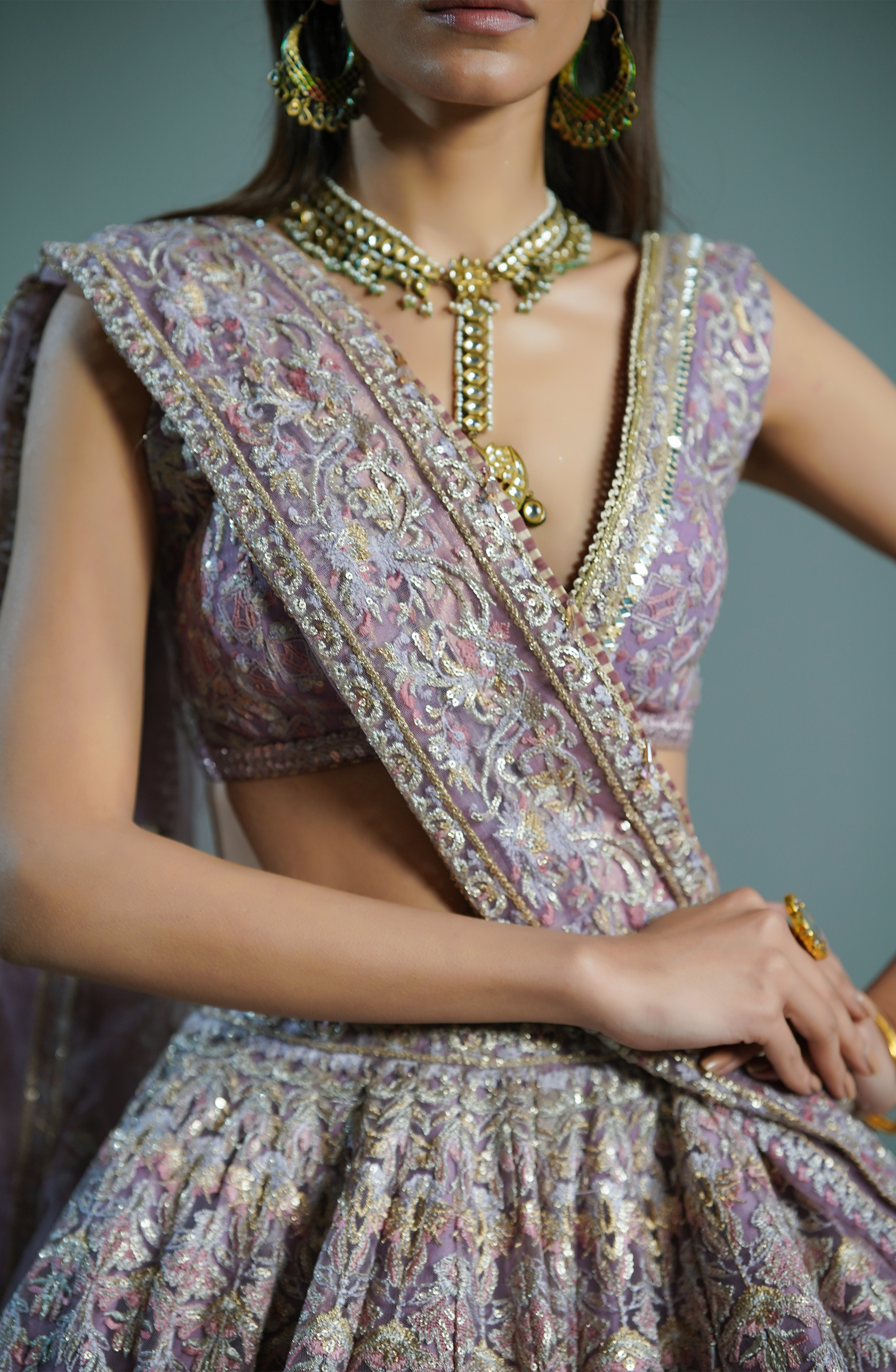 Pakistani Lilac Embroidered Net Lehenga Choli (3-Piece) - Image 7