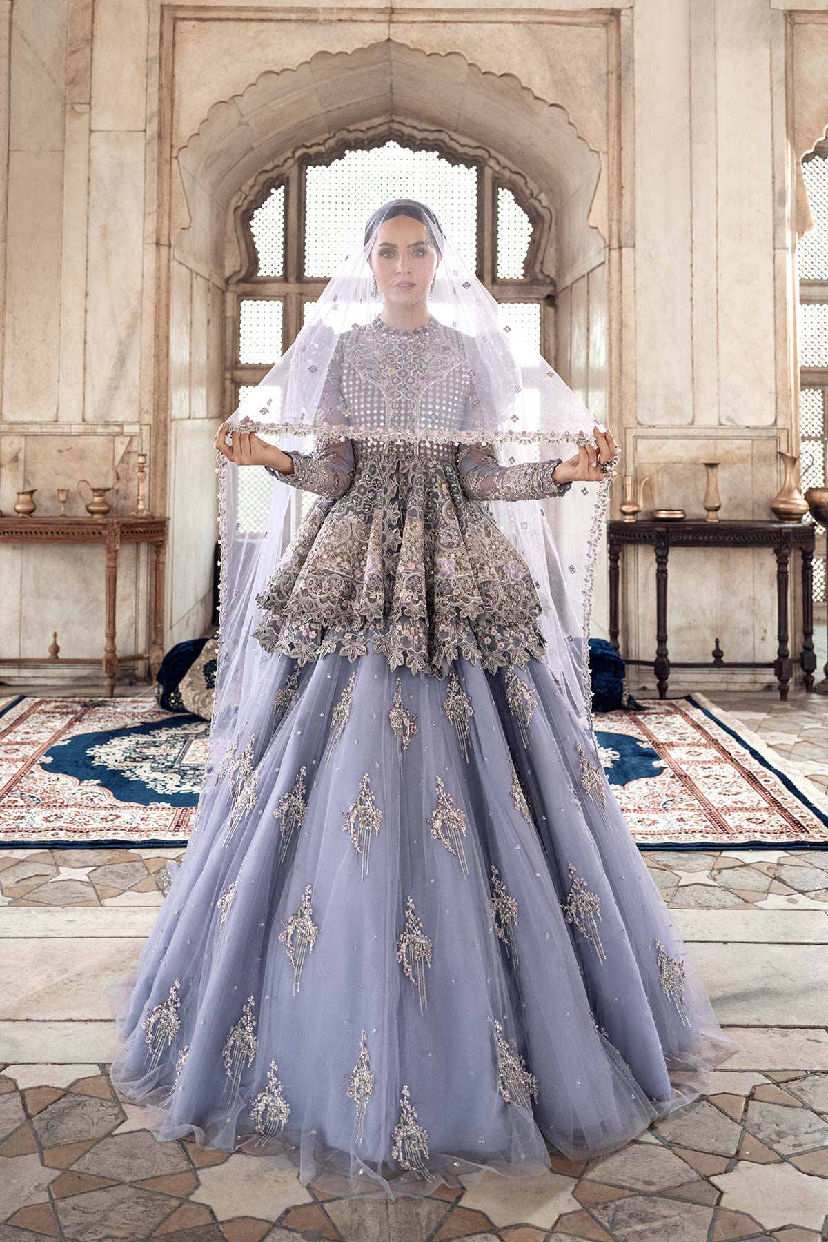 Pakistani Lavender Embroidered Net Peplum Lehenga (3-Piece) - Image 1