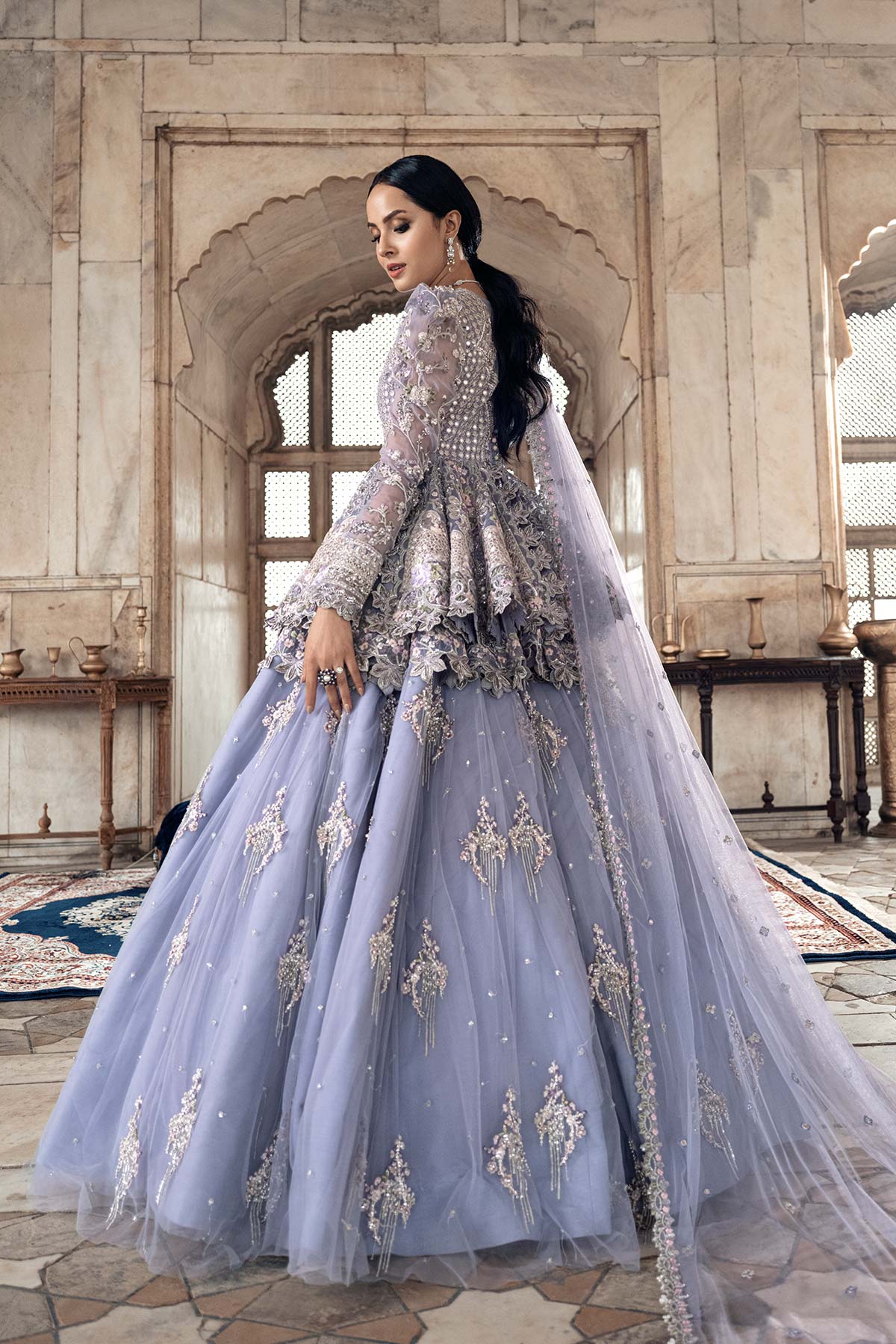 Pakistani Lavender Embroidered Net Peplum Lehenga (3-Piece) - Image 2