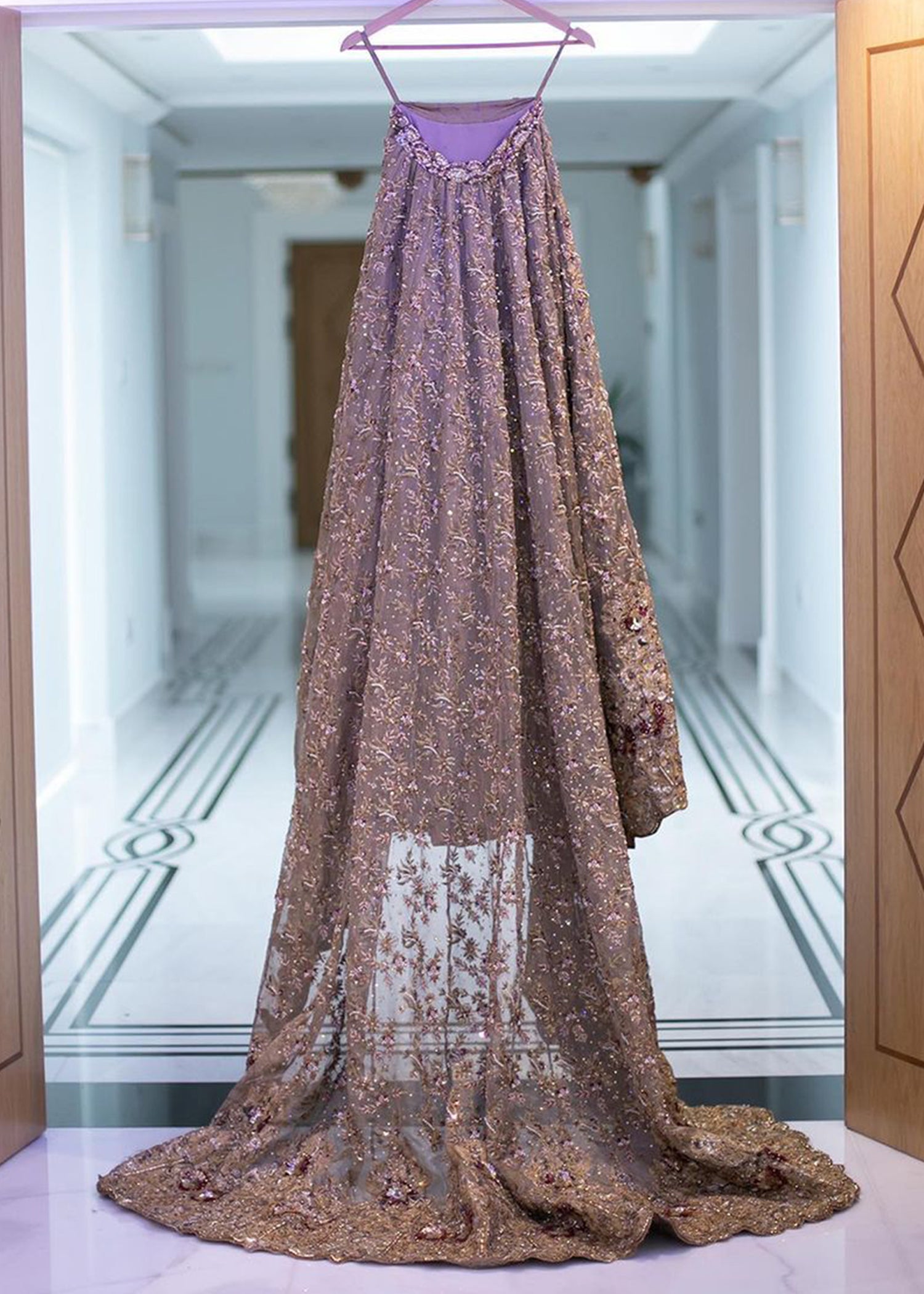 Lavender Embellished Net Bridal Lehenga (3-Piece) - Image 3