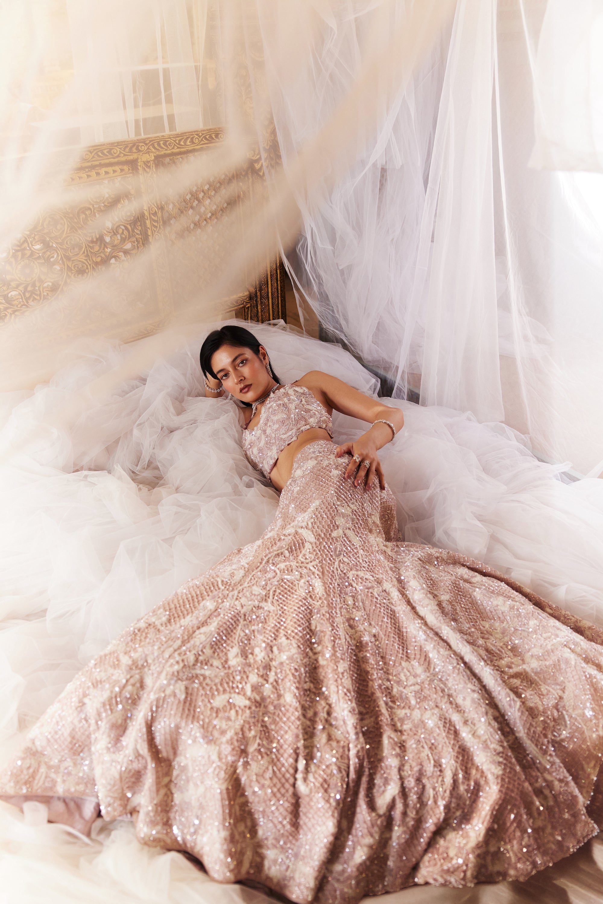 Soft Lavender Hand-Embroidered Net Mermaid Lehenga (3-Piece) - Image 1