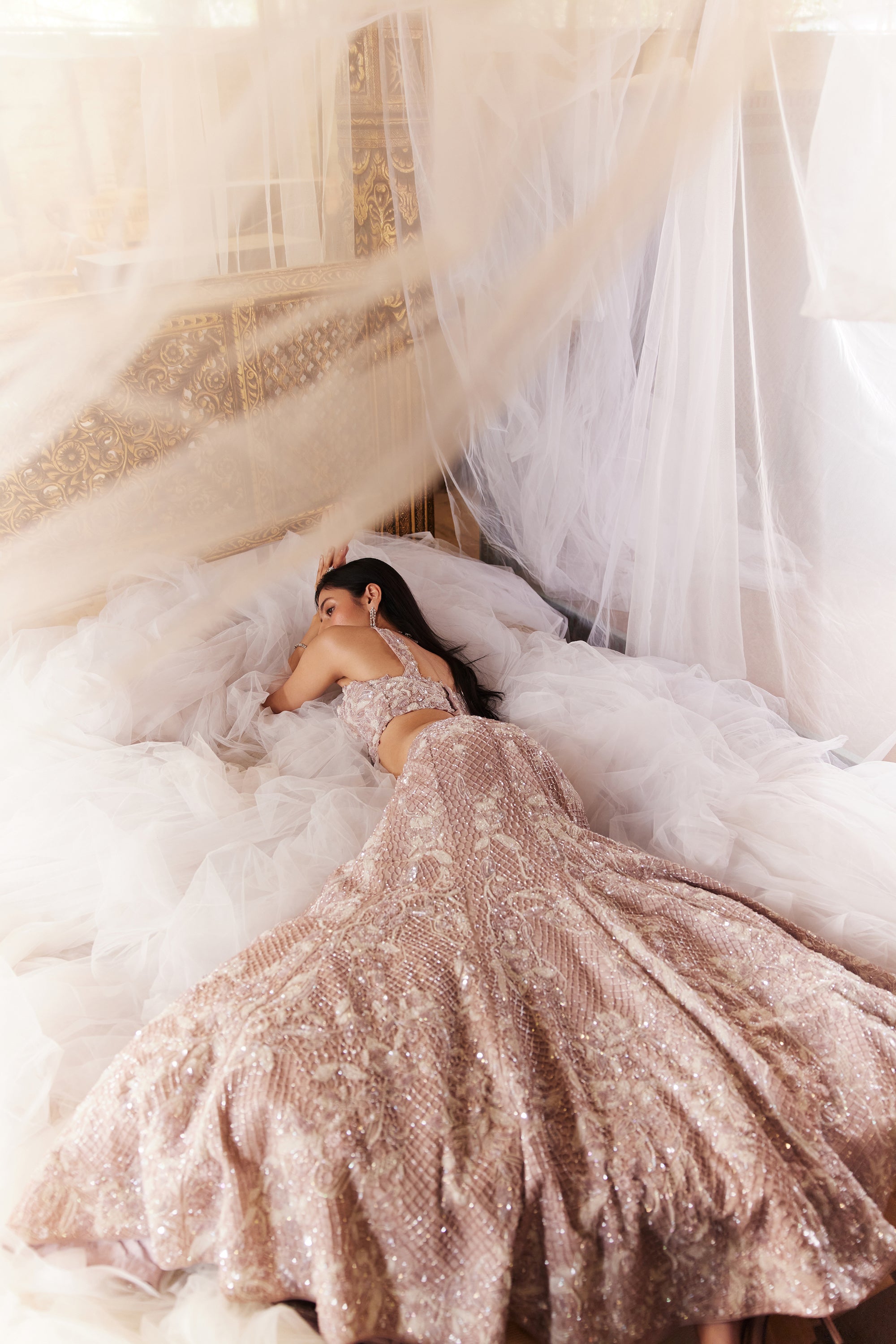 Soft Lavender Hand-Embroidered Net Mermaid Lehenga (3-Piece) - Image 2