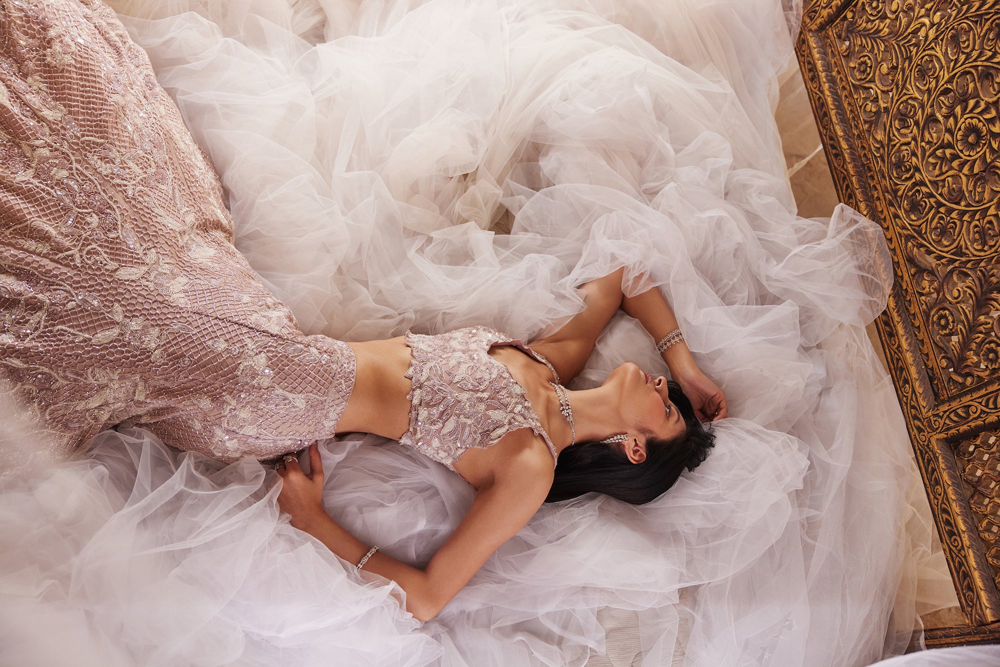 Soft Lavender Hand-Embroidered Net Mermaid Lehenga (3-Piece) - Image 4