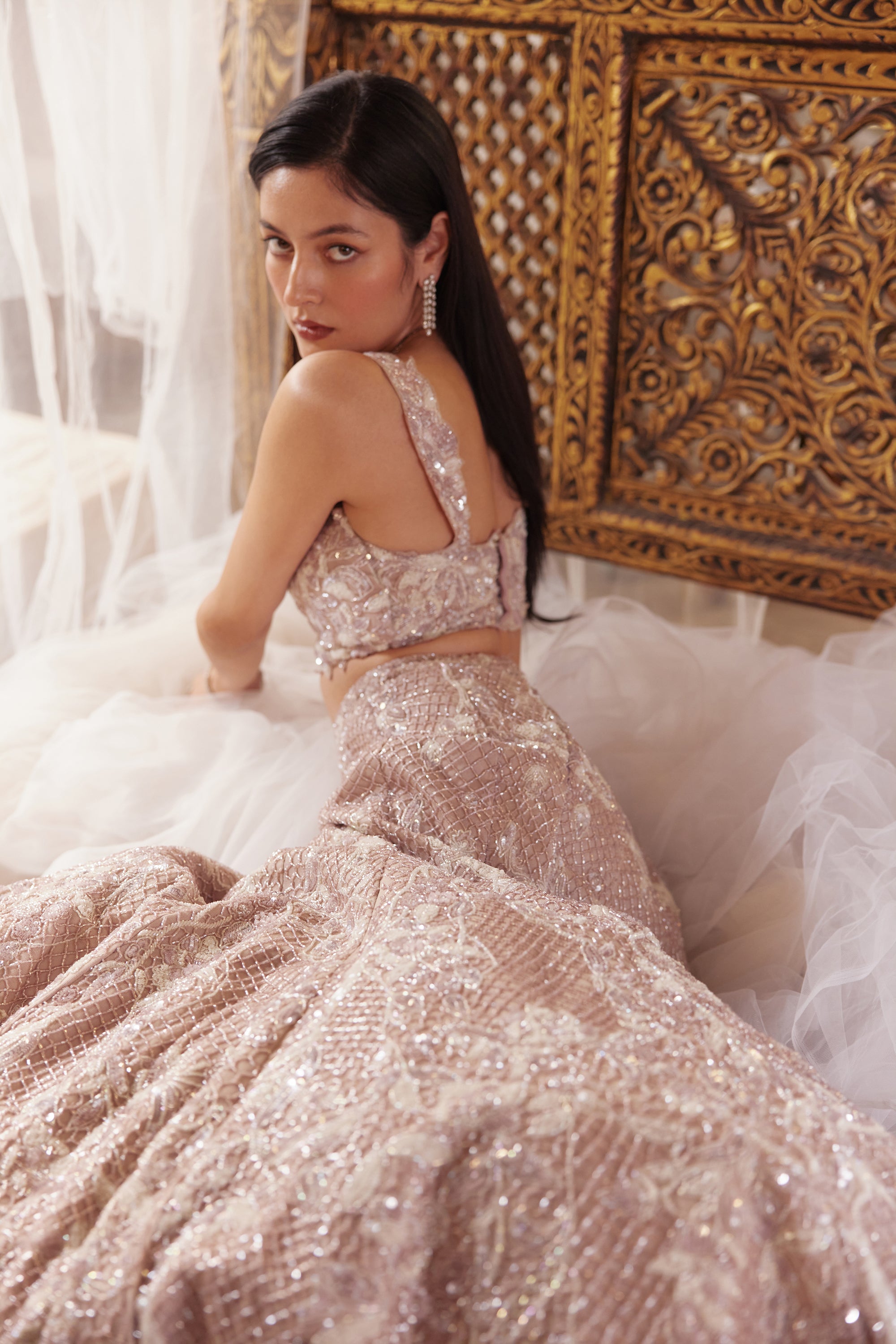 Soft Lavender Hand-Embroidered Net Mermaid Lehenga (3-Piece) - Image 5