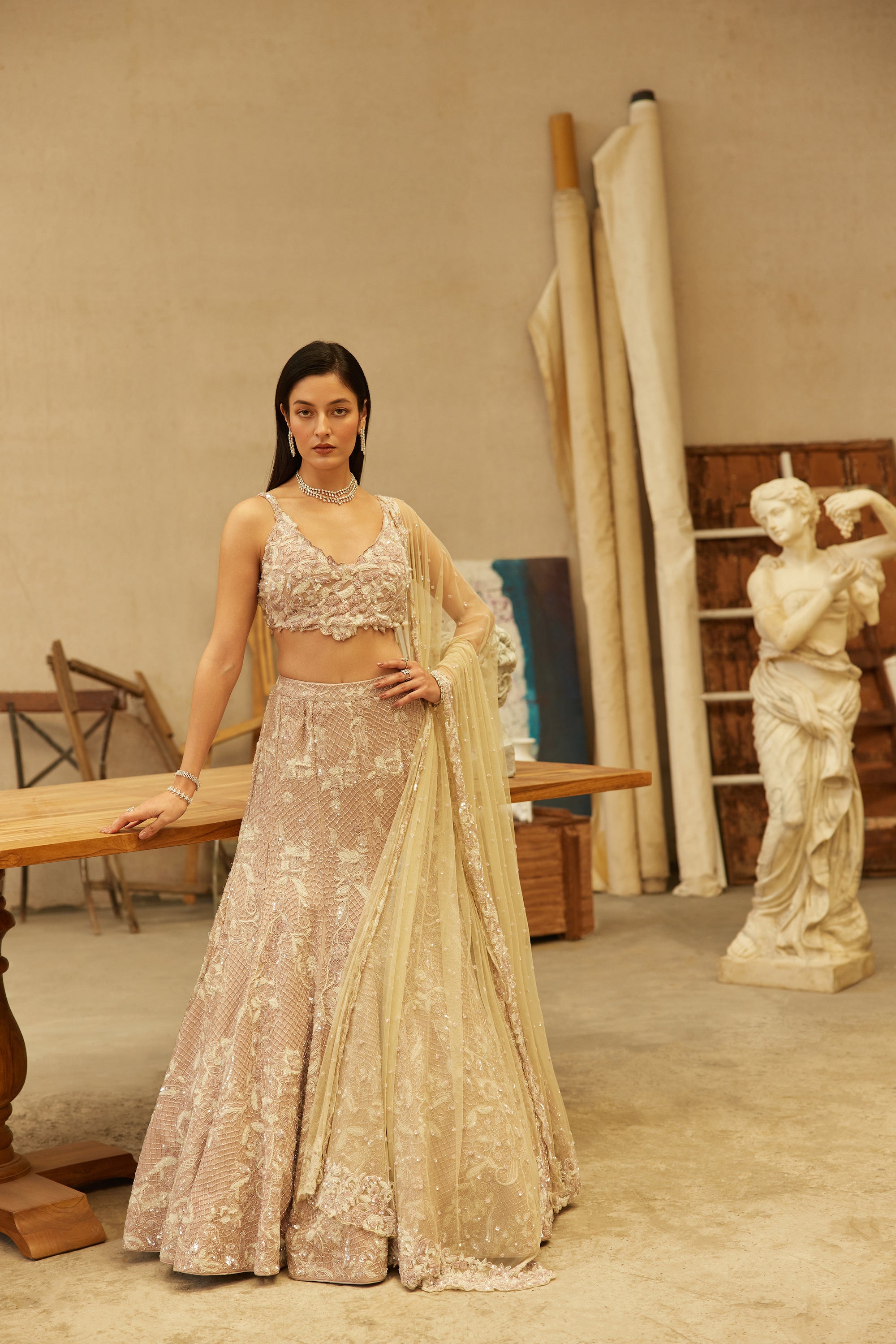 Soft Lavender Hand-Embroidered Net Mermaid Lehenga (3-Piece) - Image 7