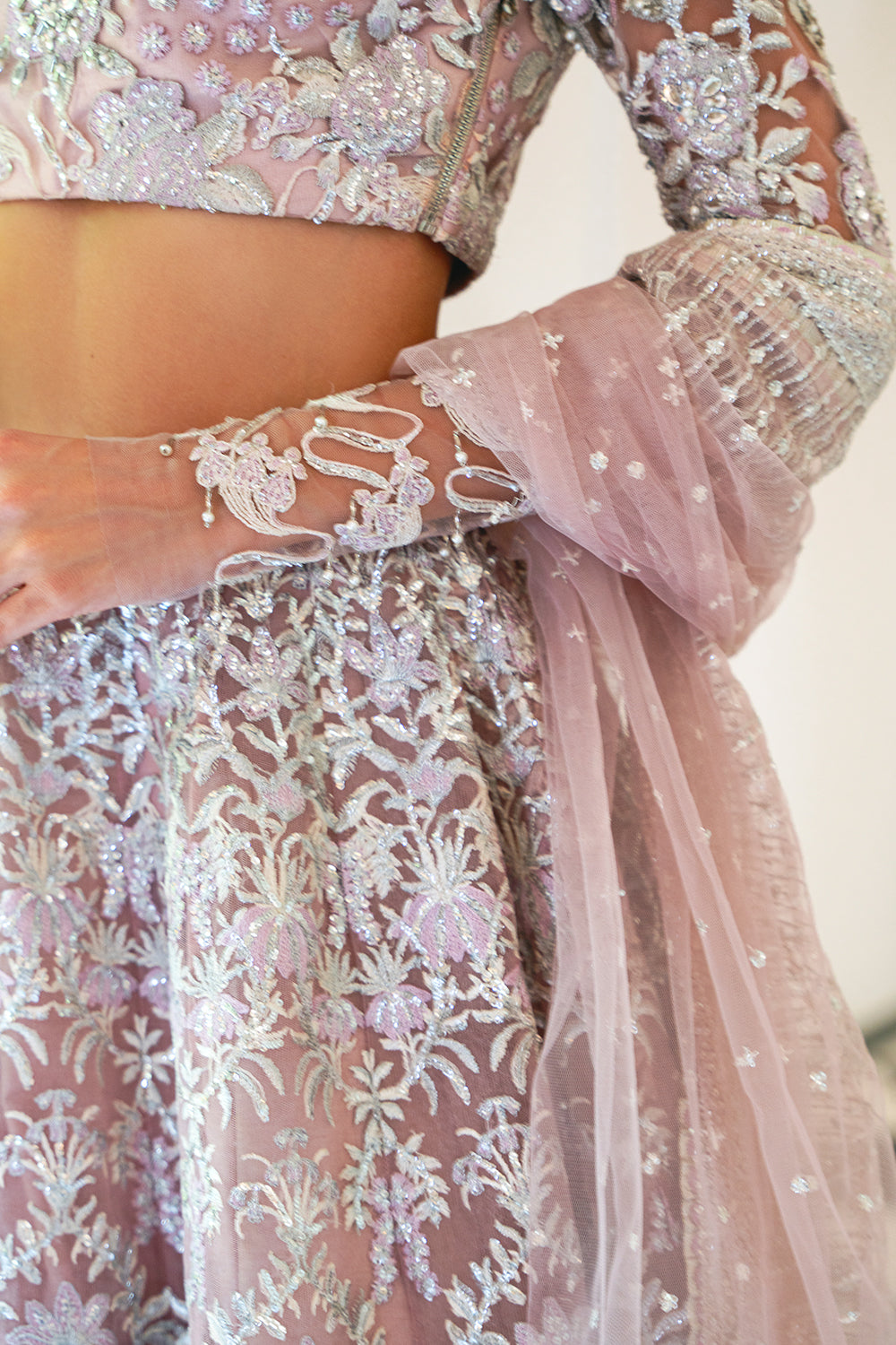 Lilac Embellished Net Bridal Lehenga (3-Piece) - Image 7