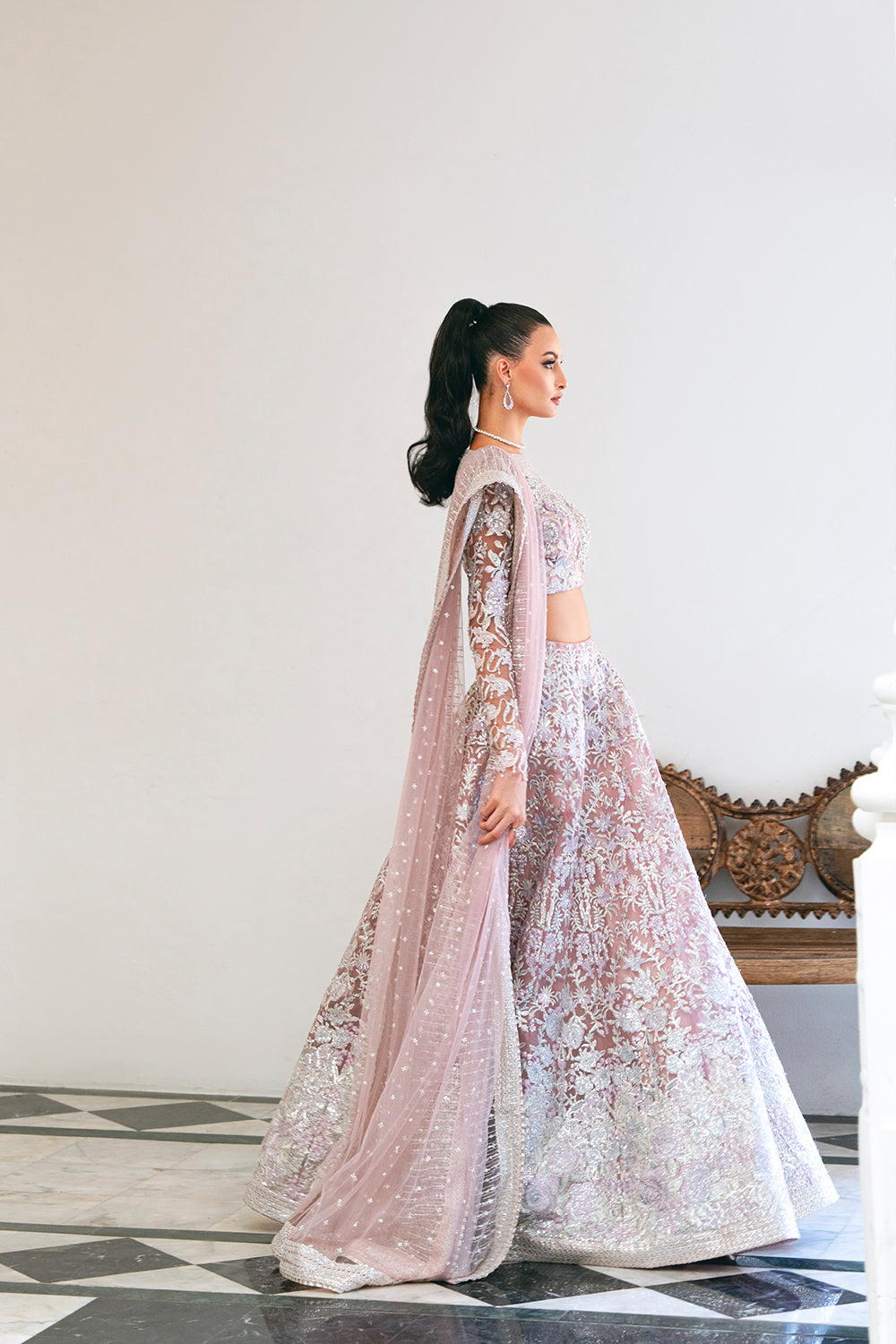 Lilac Embellished Net Bridal Lehenga (3-Piece) - Image 9