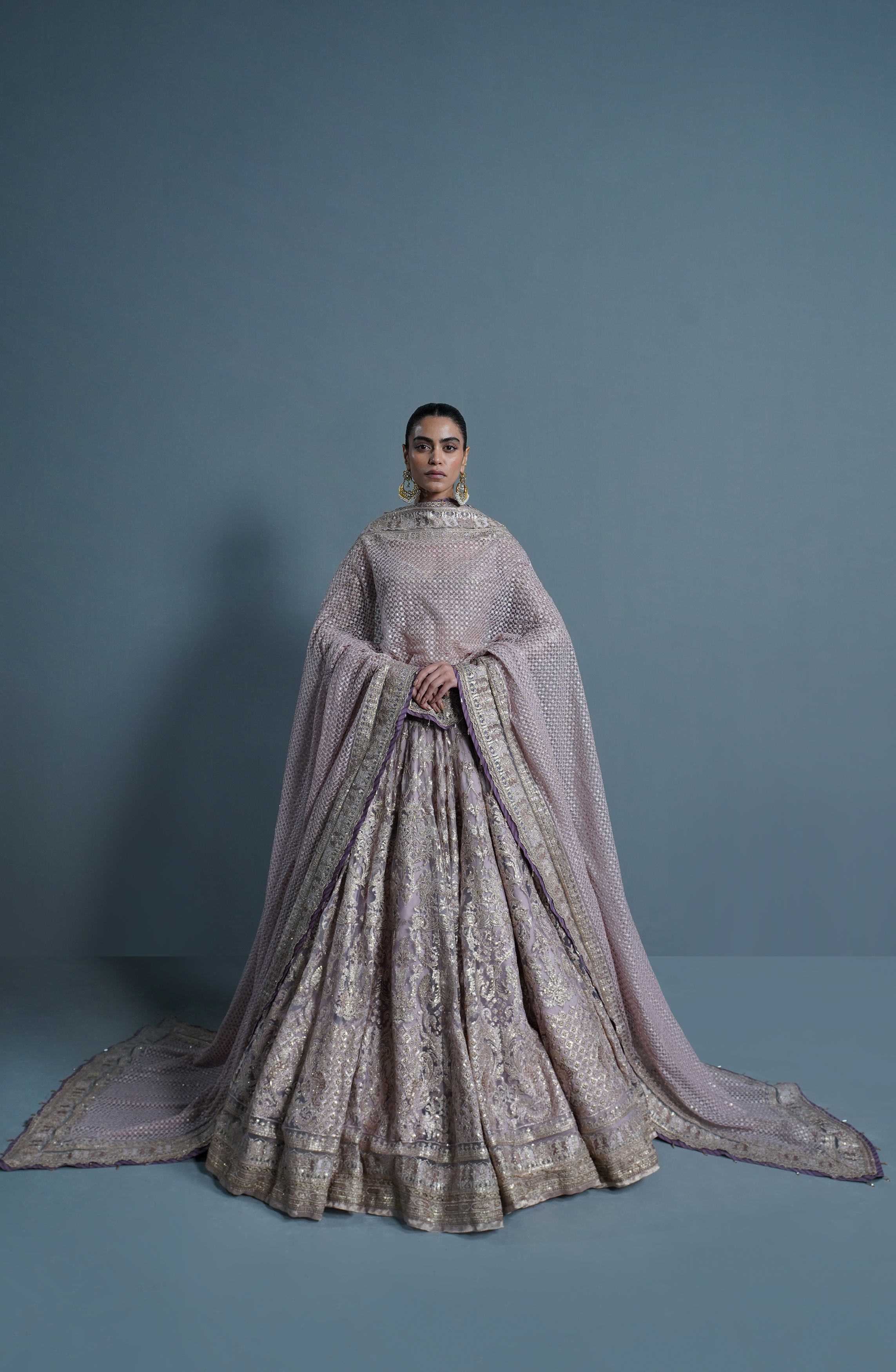 Pakistani Lavender Embroidered Net & Silk Lehenga Choli (3-Piece) - Image 1