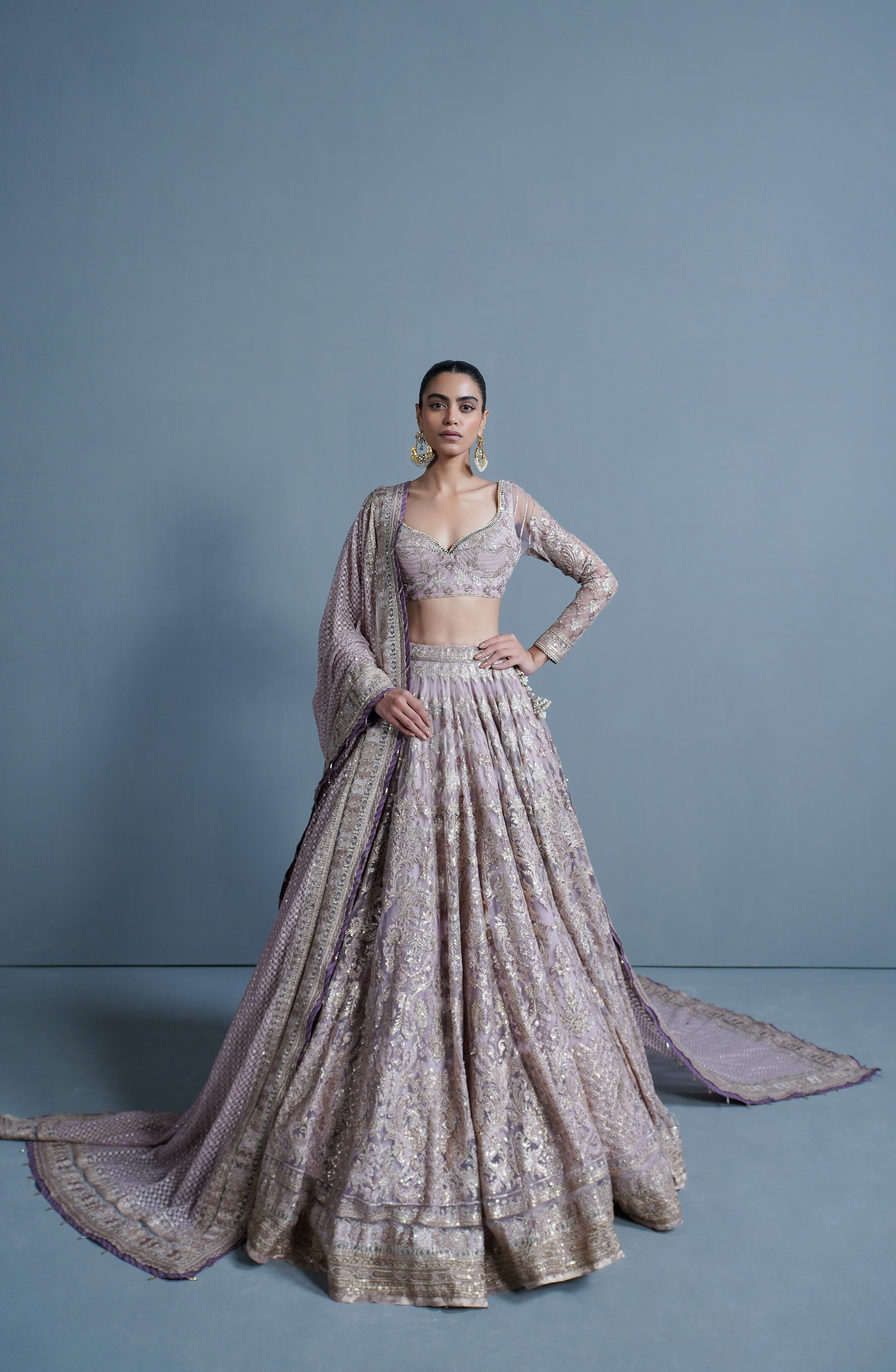 Pakistani Lavender Embroidered Net & Silk Lehenga Choli (3-Piece) - Image 2