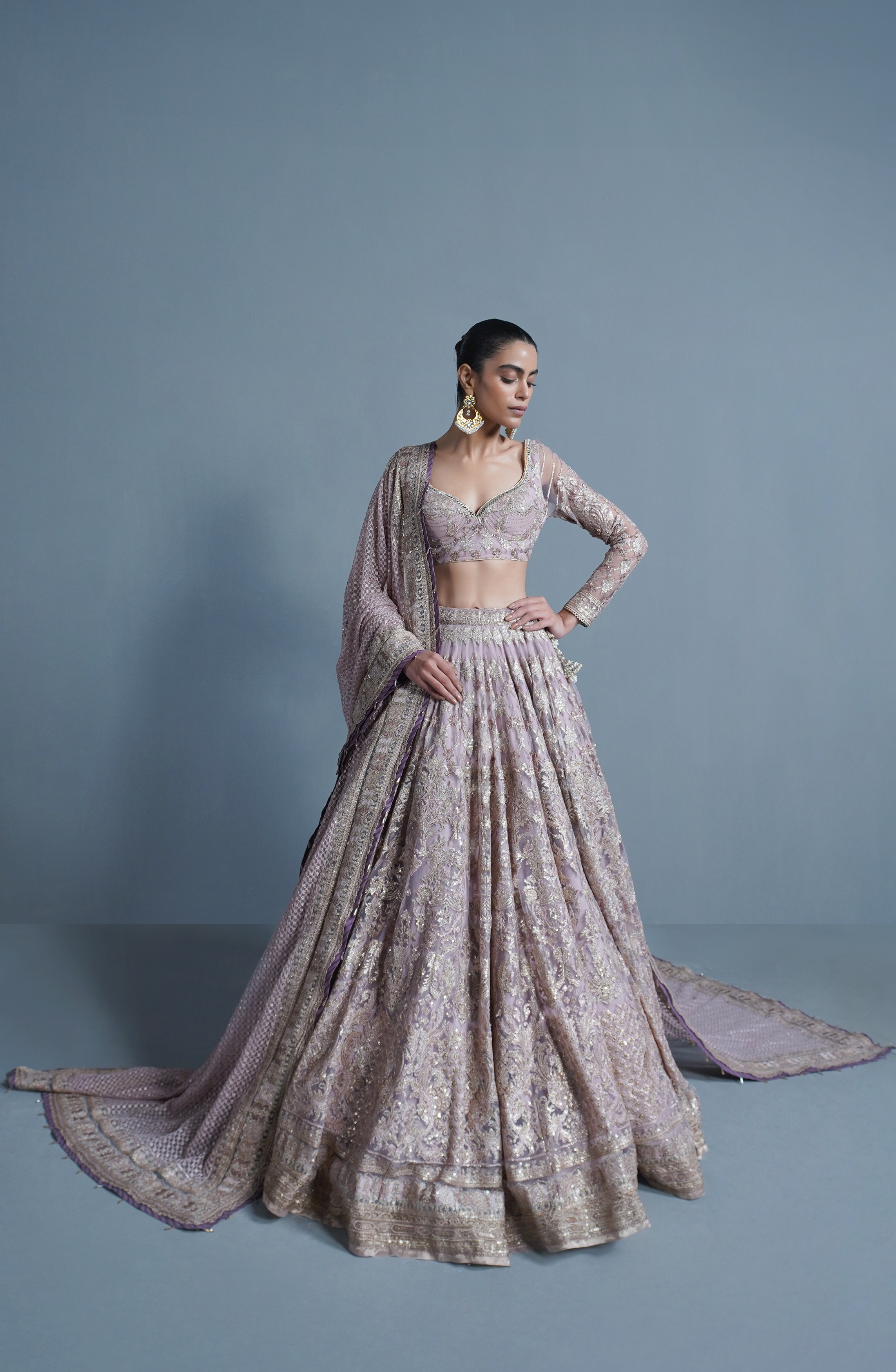 Pakistani Lavender Embroidered Net & Silk Lehenga Choli (3-Piece) - Image 4