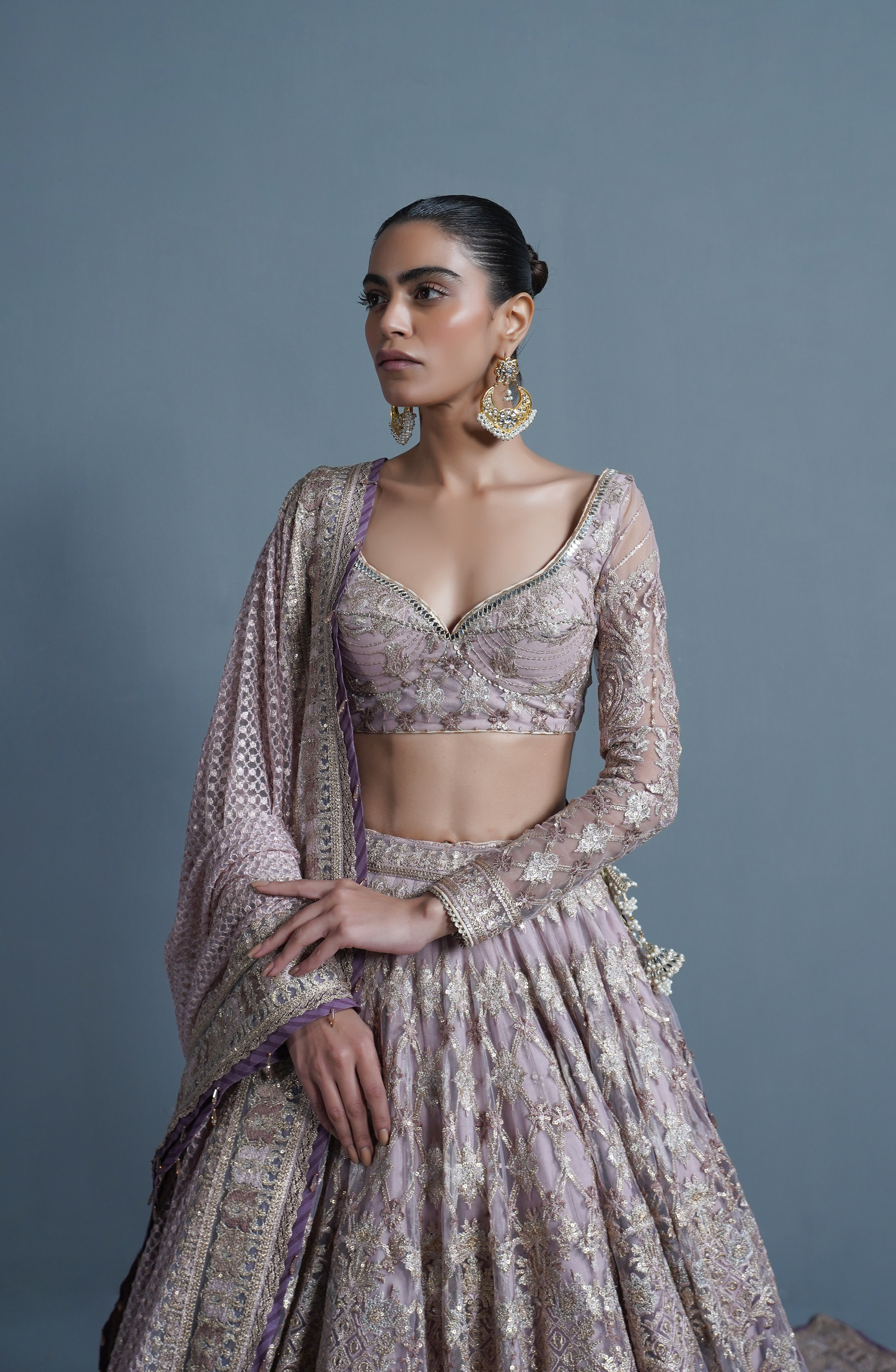 Pakistani Lavender Embroidered Net & Silk Lehenga Choli (3-Piece) - Image 5