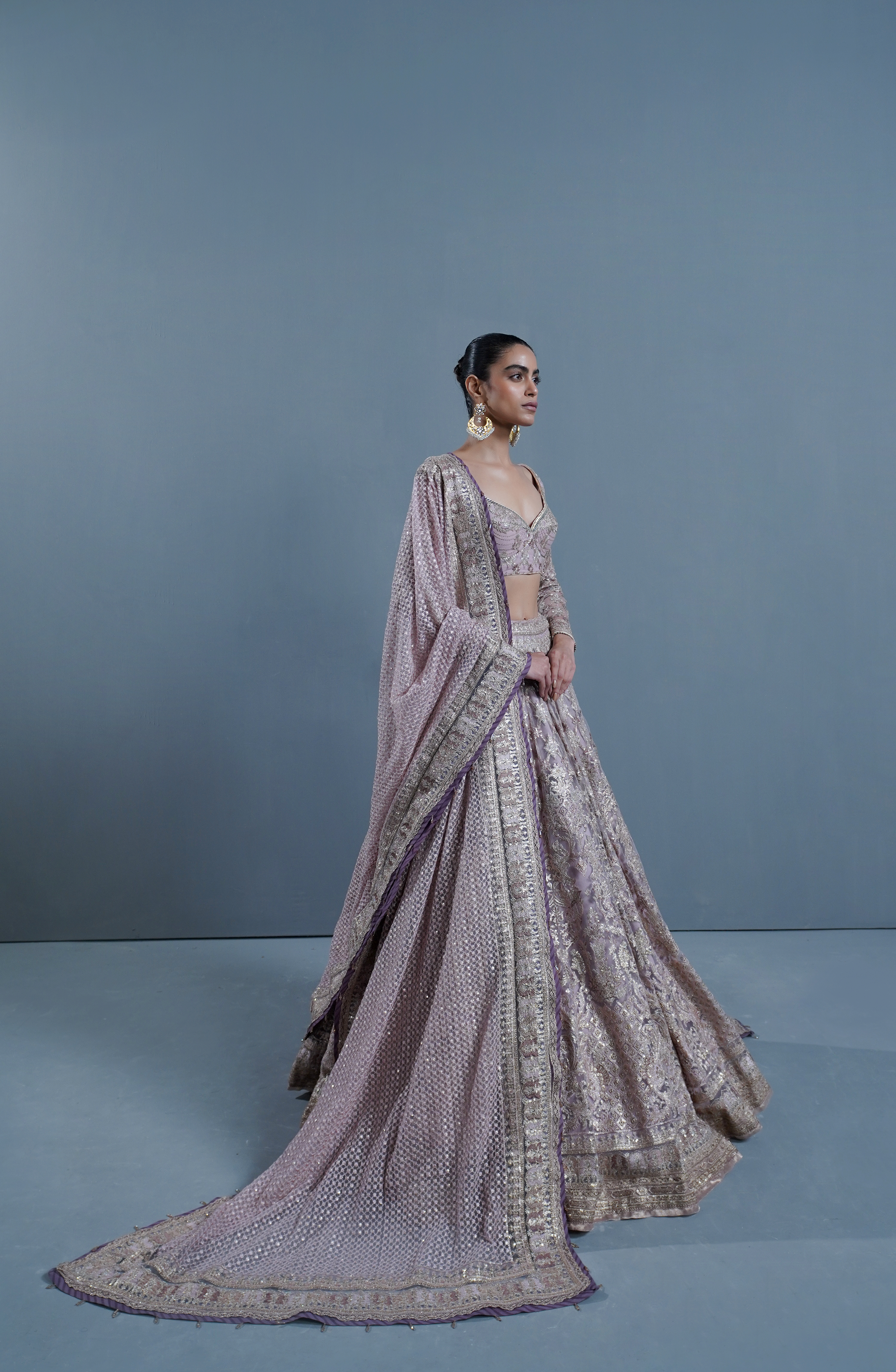 Pakistani Lavender Embroidered Net & Silk Lehenga Choli (3-Piece) - Image 6